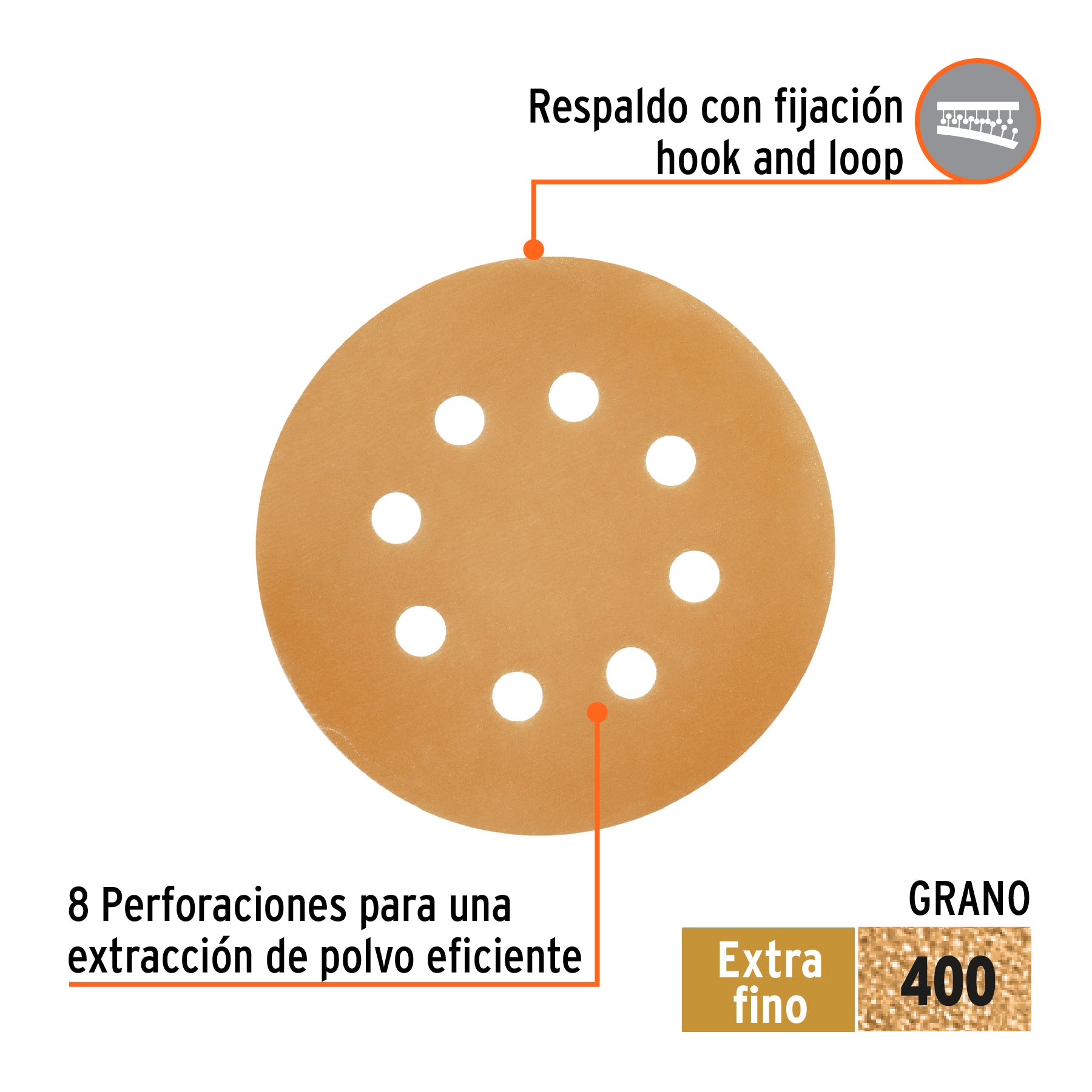 Paquete con 5 discos de lija 5" grano 400, 8 perforaciones