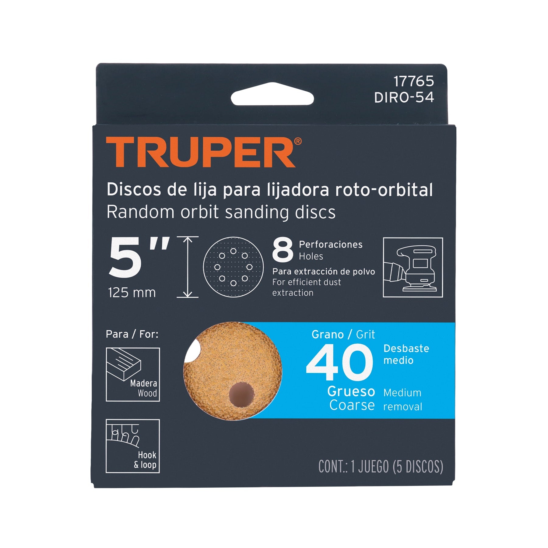 Paquete con 5 discos de lija 5" grano 40, 8 perforaciones