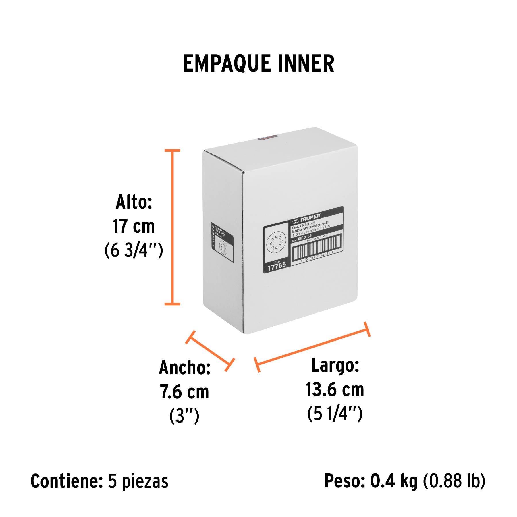 Paquete con 5 discos de lija 5" grano 40, 8 perforaciones - Empaque