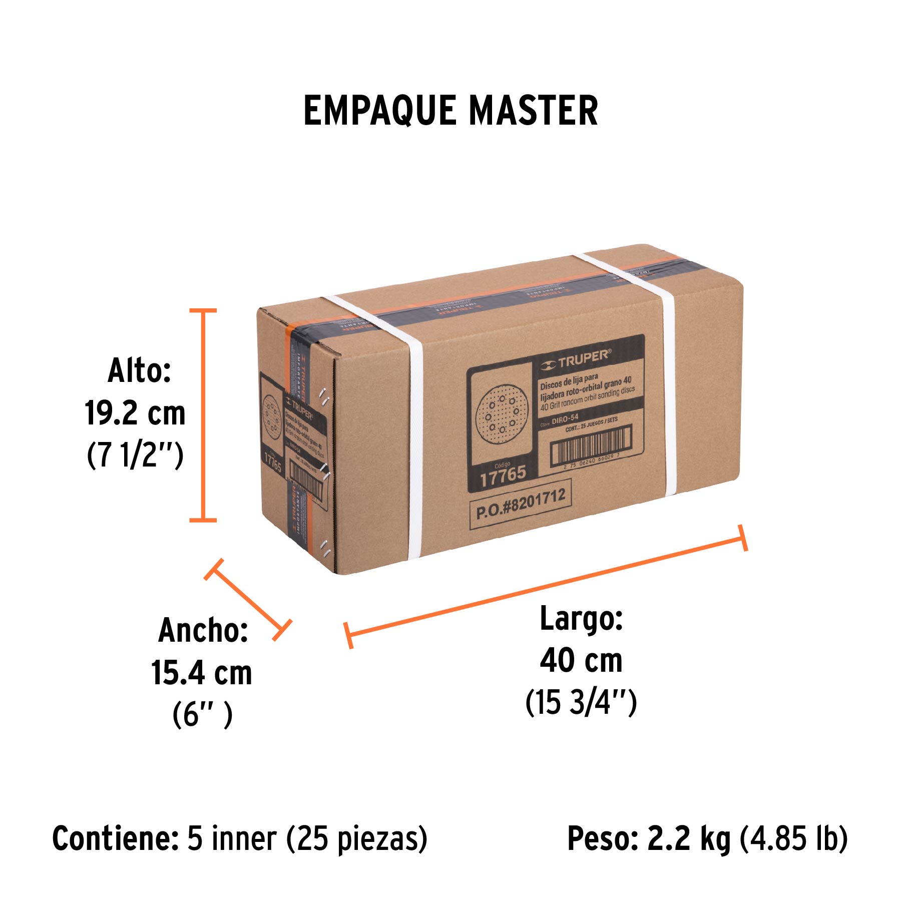 Paquete con 5 discos de lija 5" grano 40, 8 perforaciones - Empaque