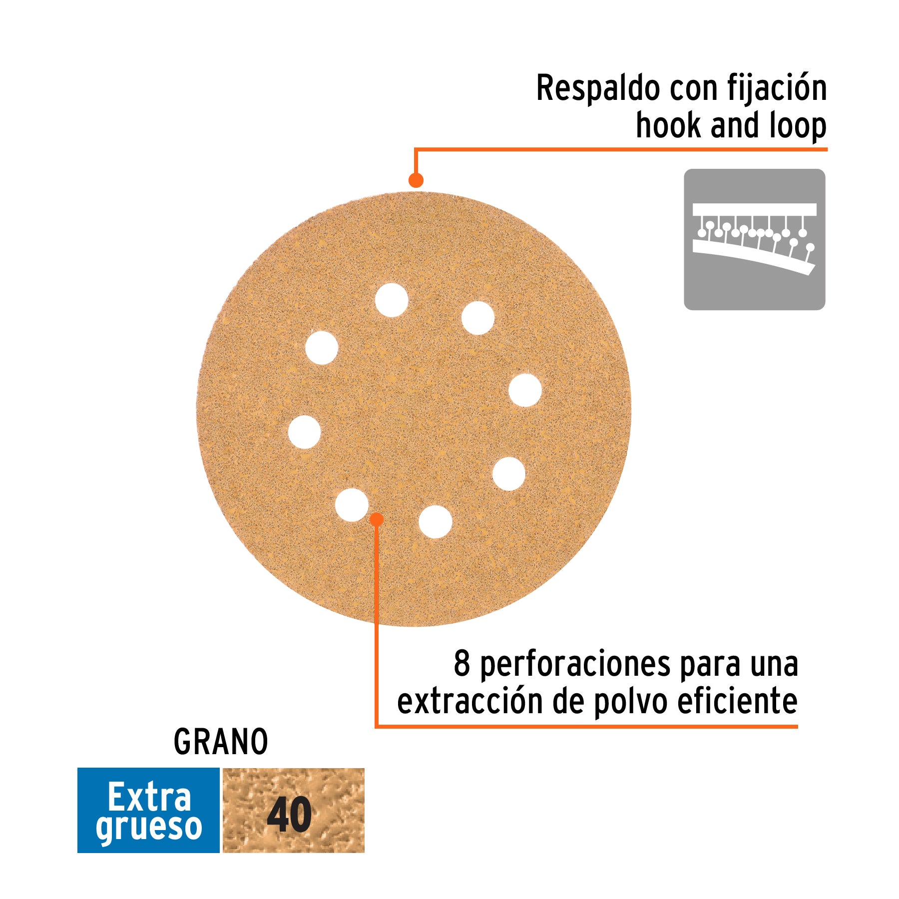 Paquete con 5 discos de lija 5" grano 40, 8 perforaciones