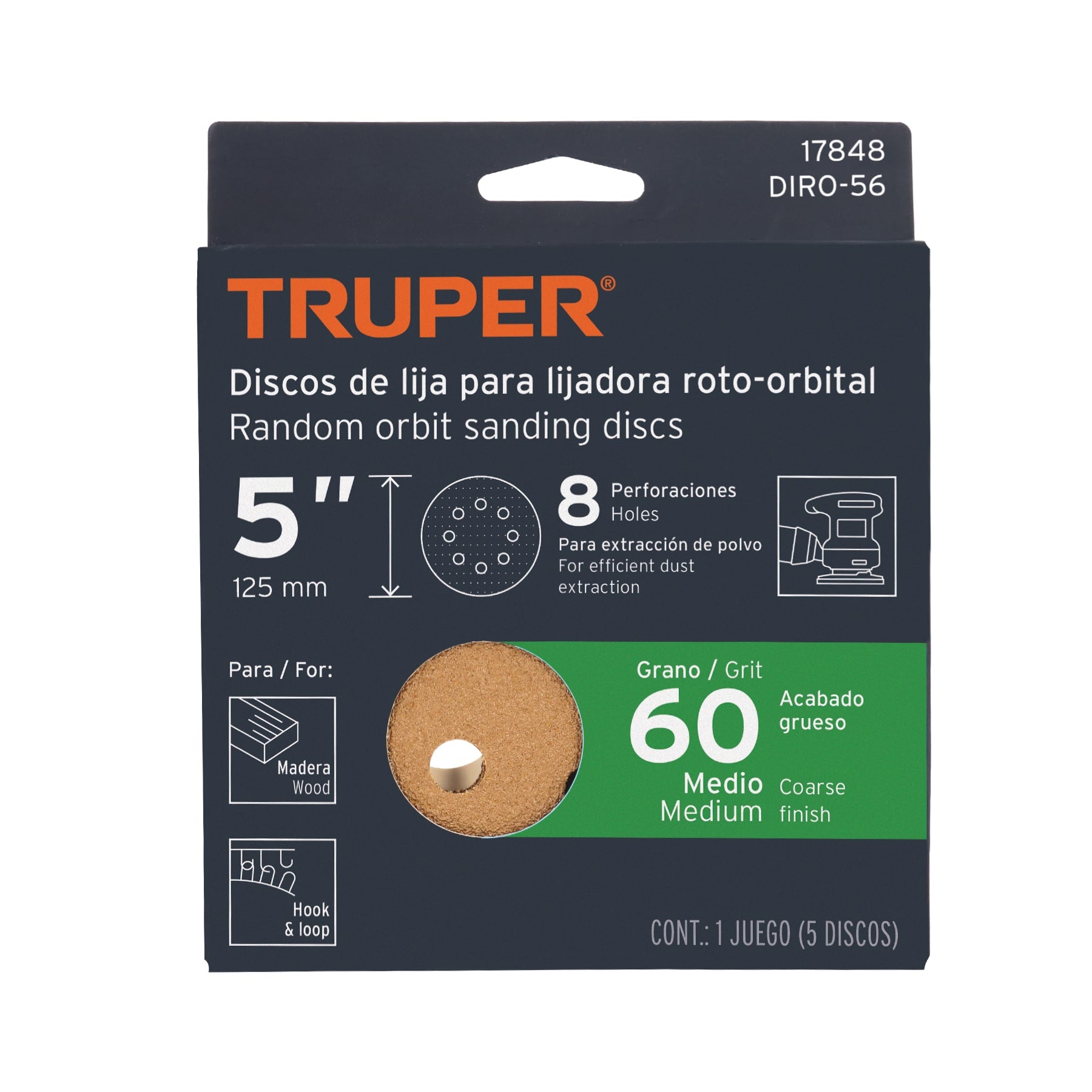 Paquete con 5 discos de lija 5" grano 60, 8 perforaciones
