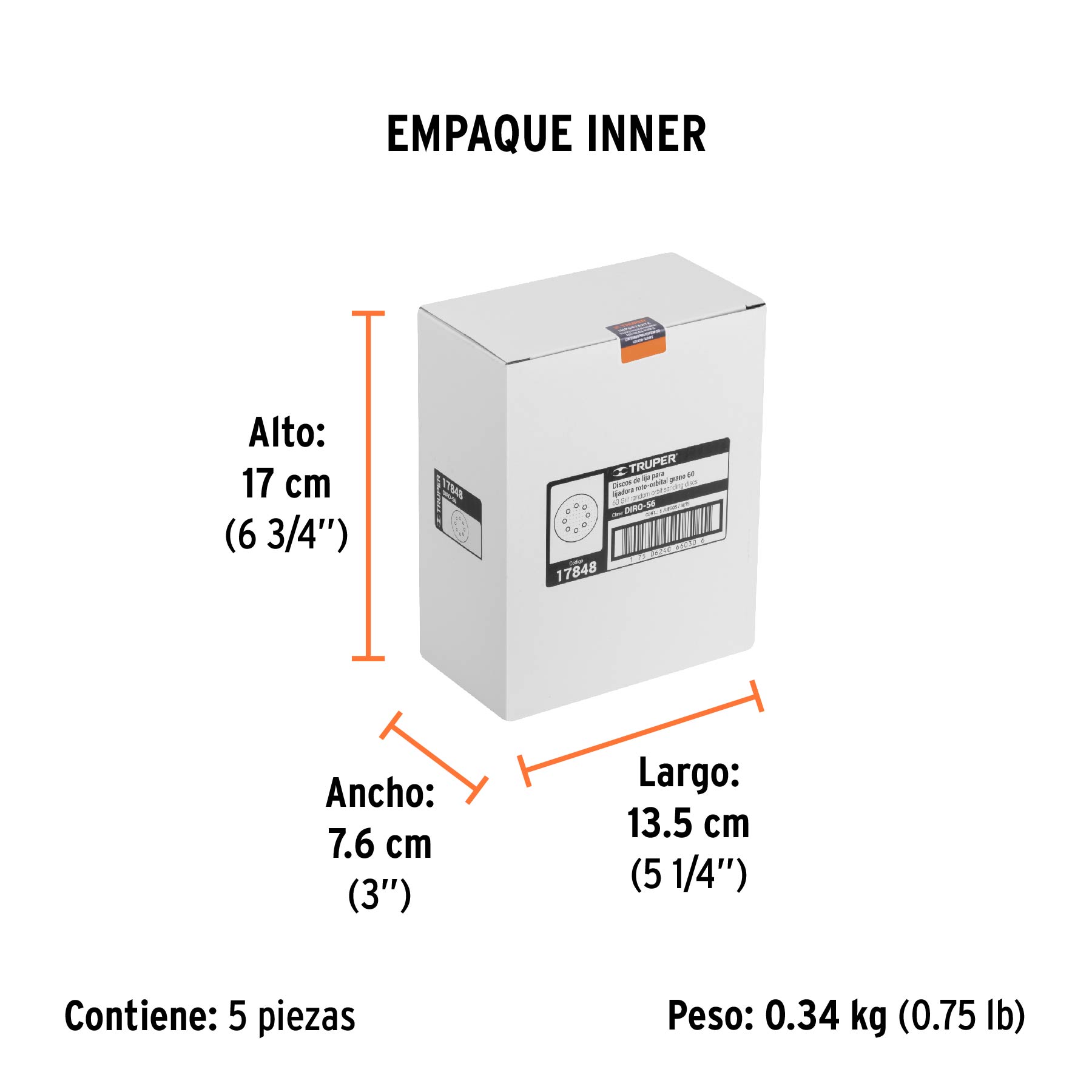 Paquete con 5 discos de lija 5" grano 60, 8 perforaciones - Empaque