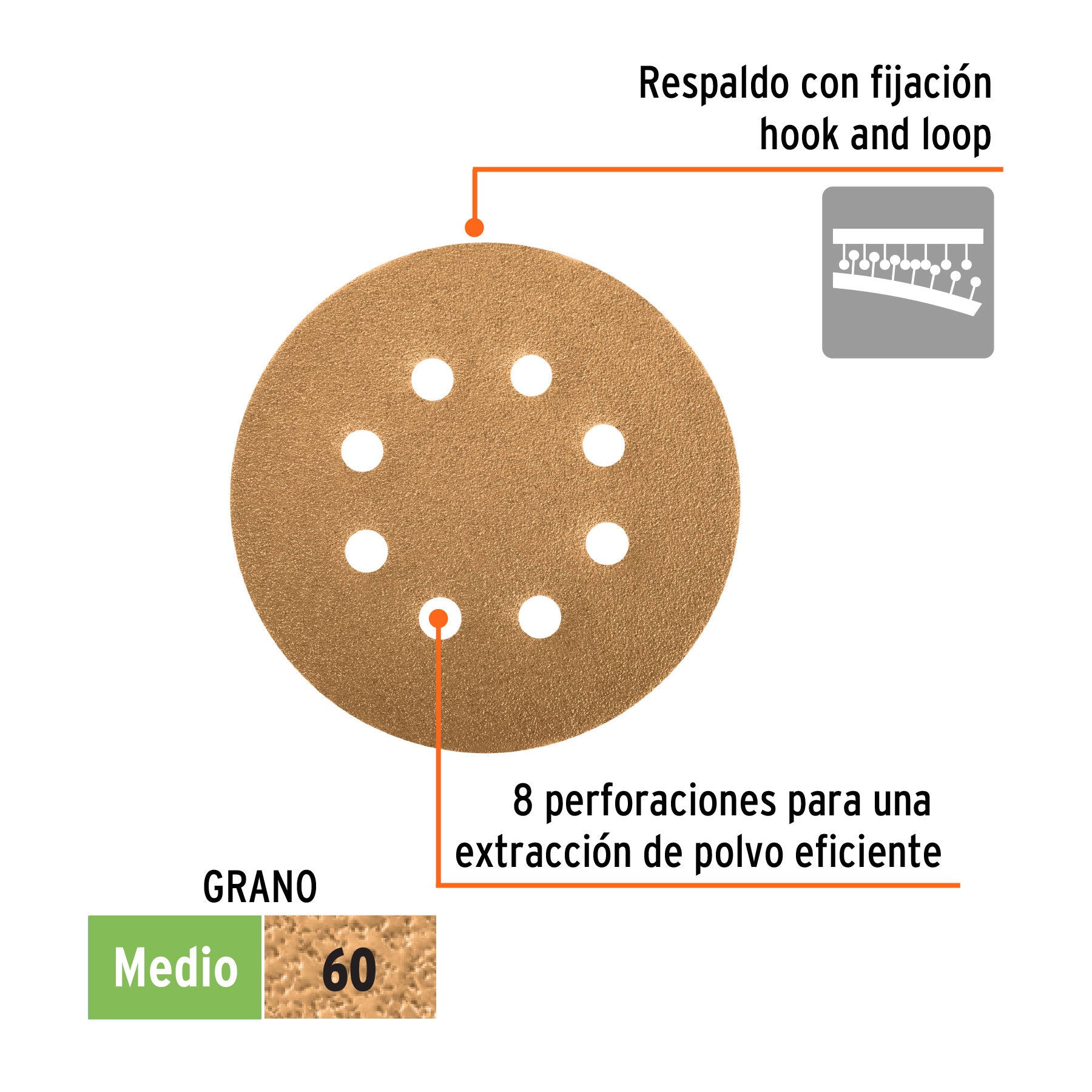 Paquete con 5 discos de lija 5" grano 60, 8 perforaciones