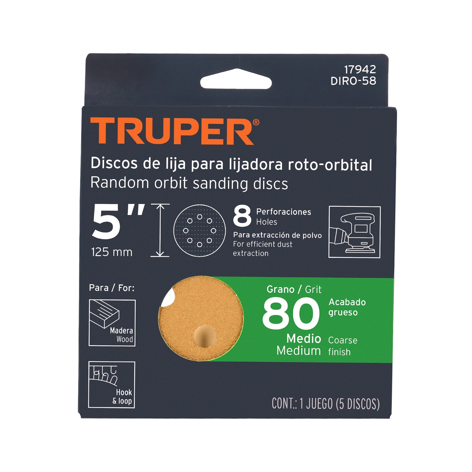 Paquete con 5 discos de lija 5" grano 80, 8 perforaciones