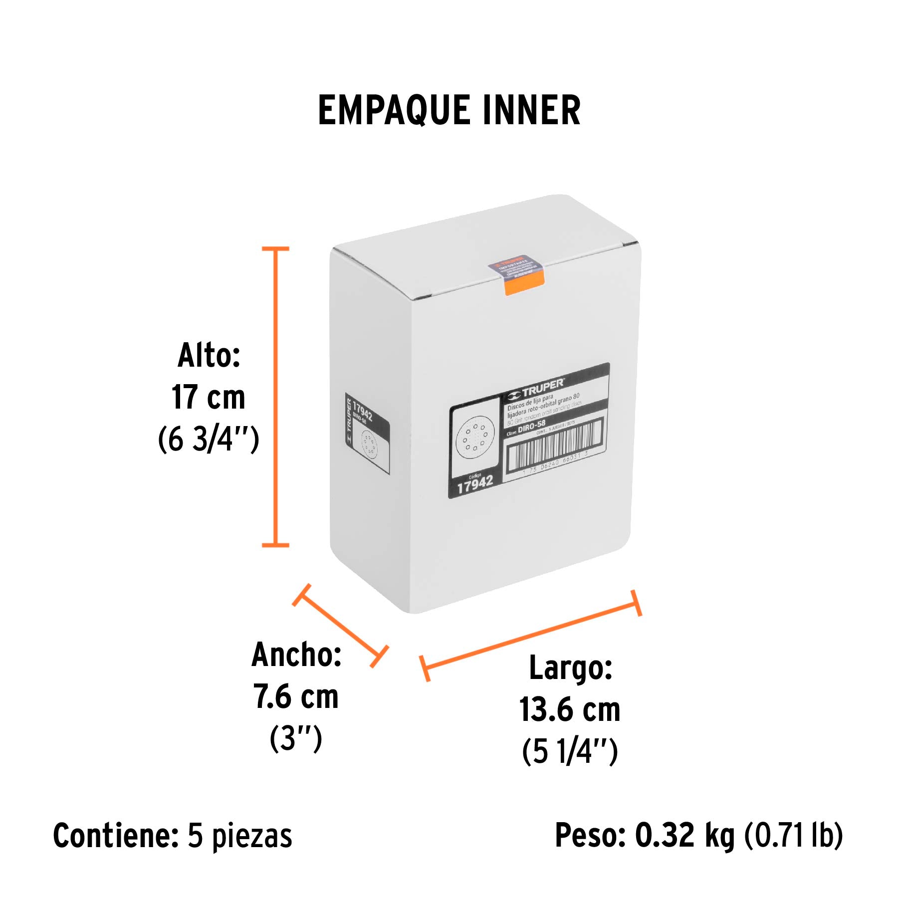 Paquete con 5 discos de lija 5" grano 80, 8 perforaciones - Empaque