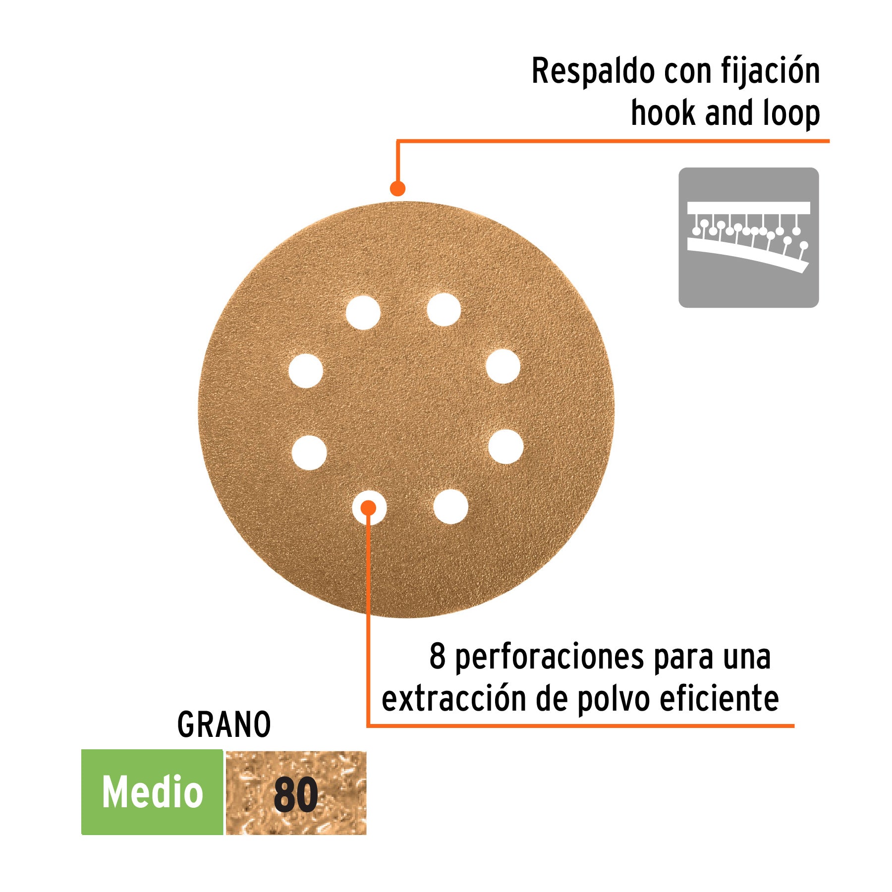 Paquete con 5 discos de lija 5" grano 80, 8 perforaciones