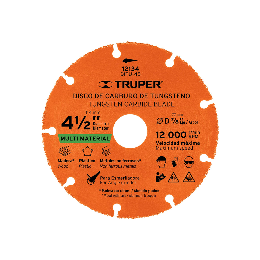 Disco 4-1/2" multimaterial de carburo de tungsteno, TRUPER