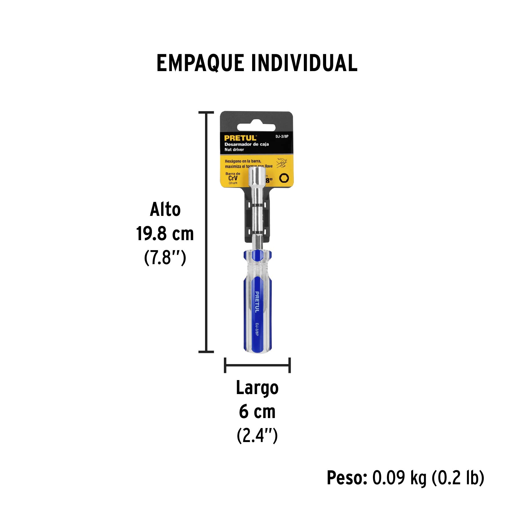 Desarmador de caja 3/8" mango de PVC, PRETUL - Empaque