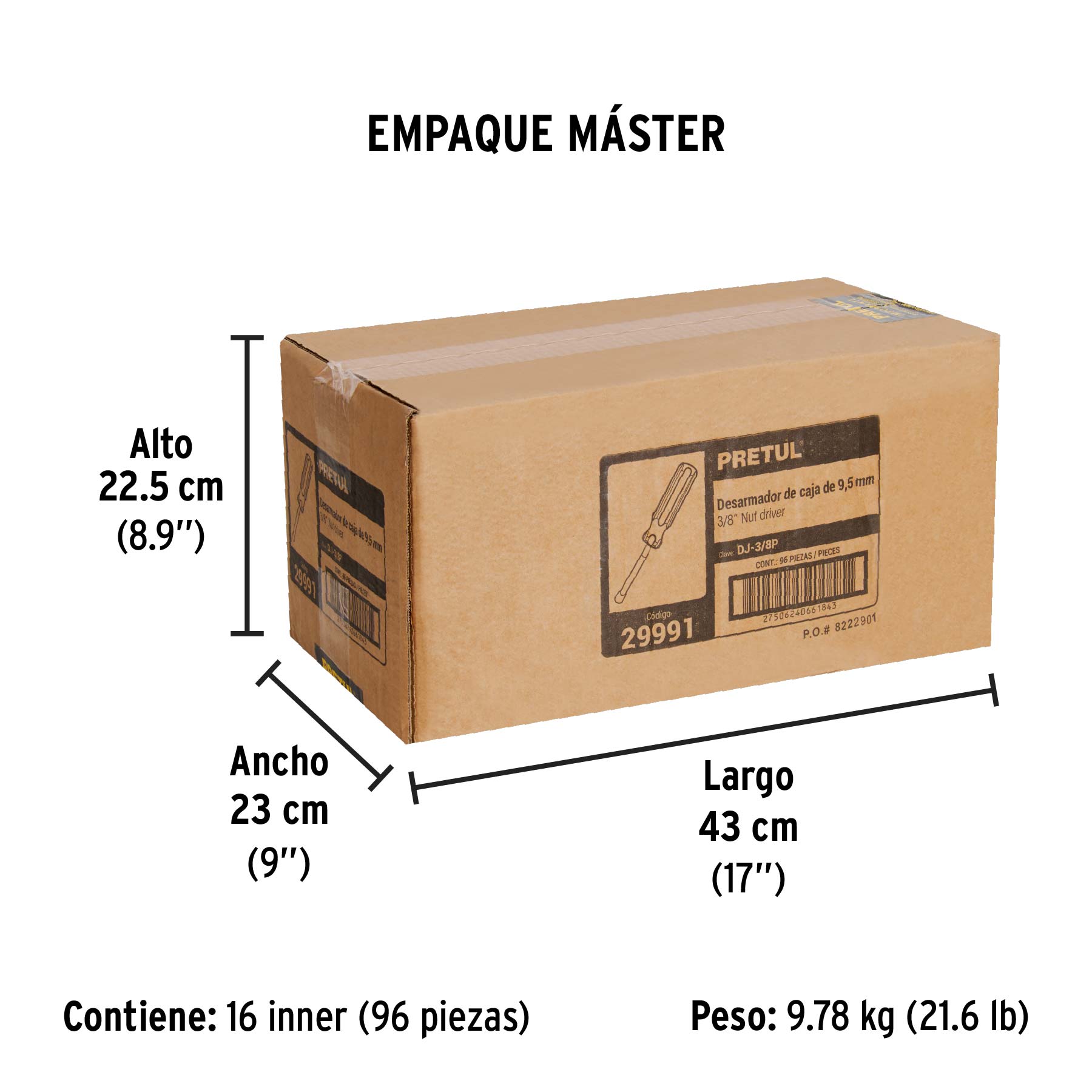 Desarmador de caja 3/8" mango de PVC, PRETUL - Empaque