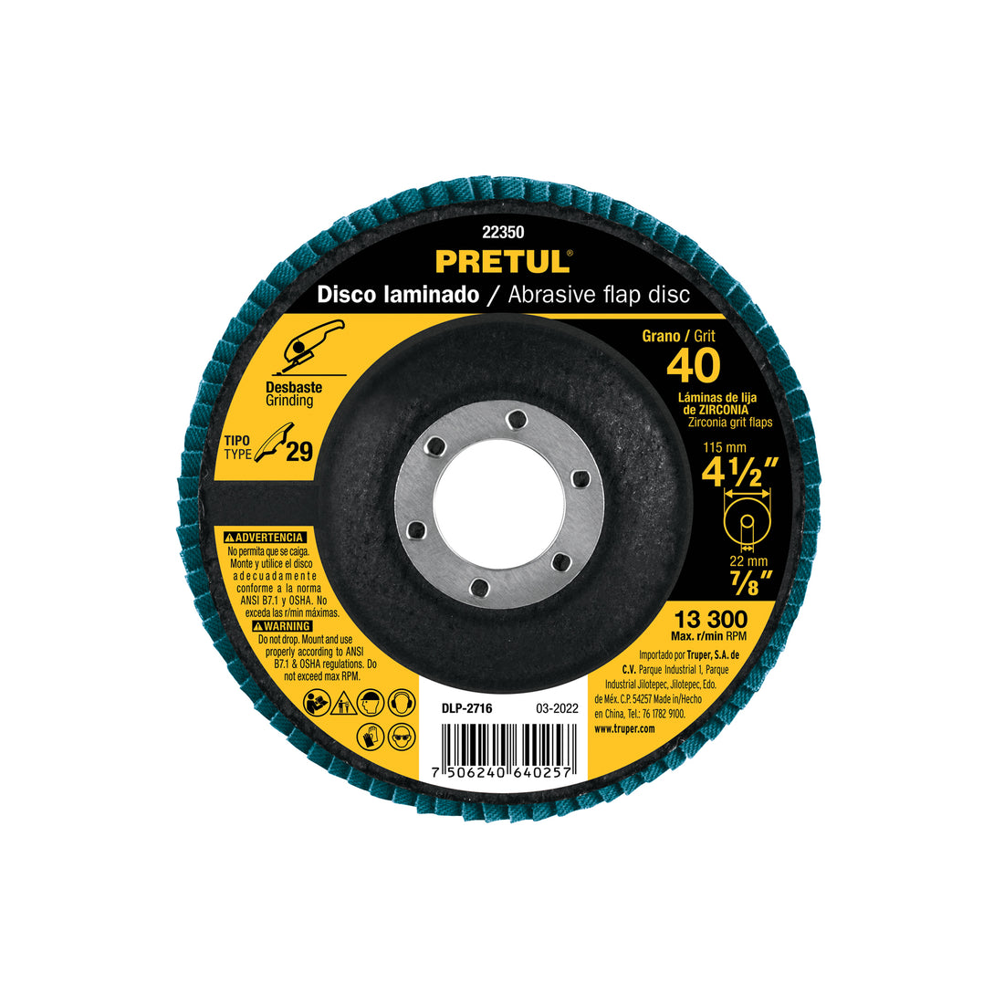 Disco laminado 4-1/2", grano 40 centro 7/8", fibra, PRETUL