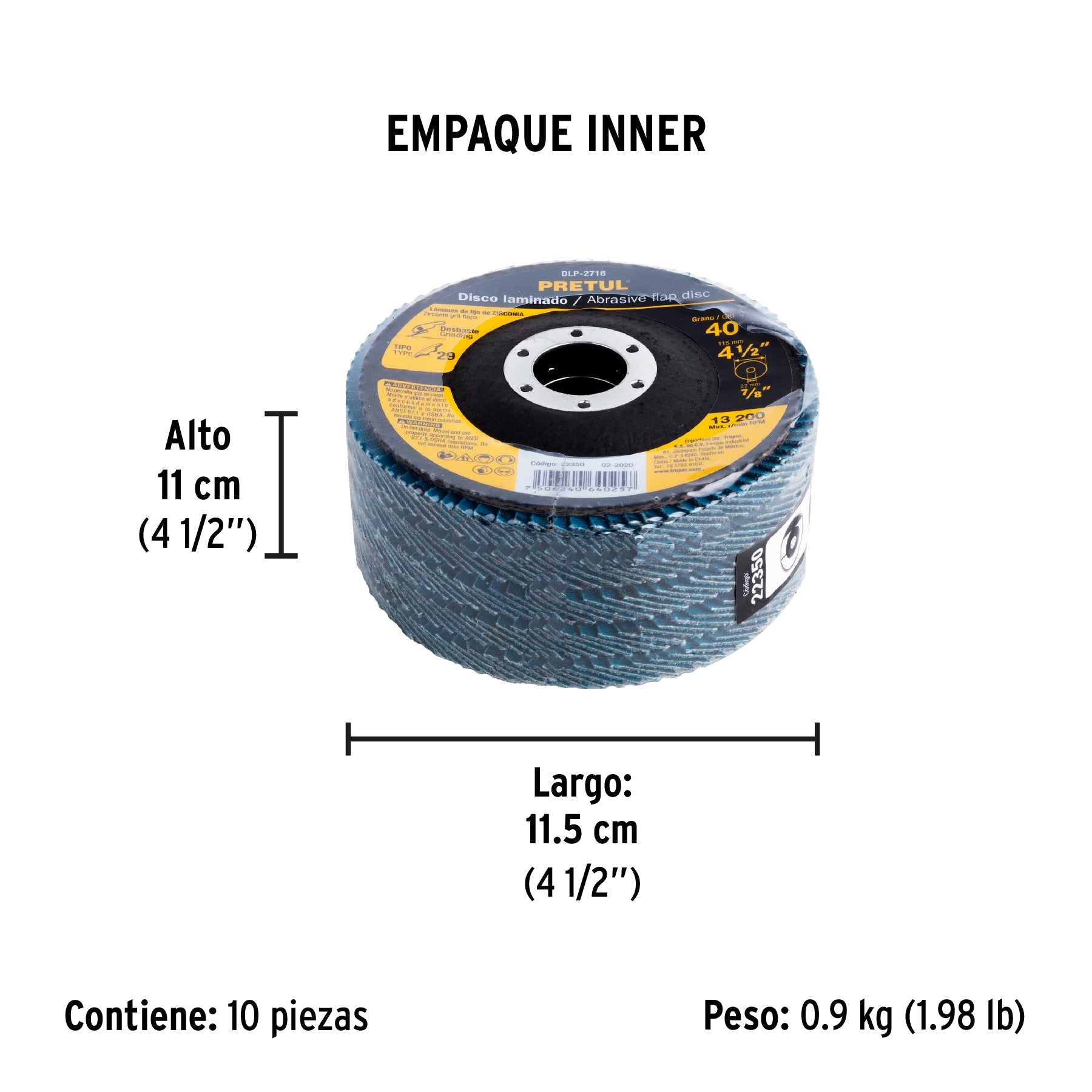 Disco laminado 4-1/2", grano 40 centro 7/8", fibra, PRETUL - Empaque
