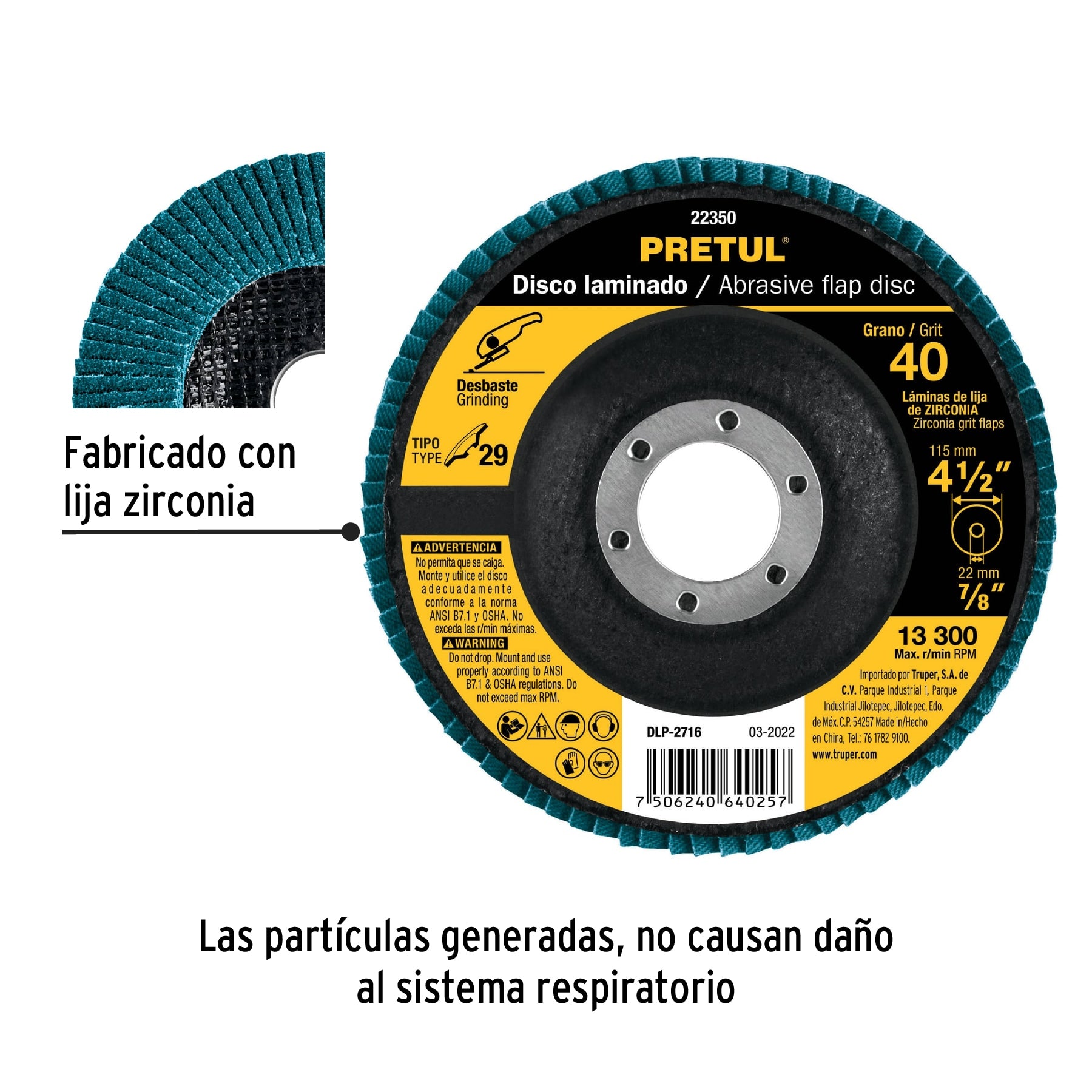 Disco laminado 4-1/2", grano 40 centro 7/8", fibra, PRETUL