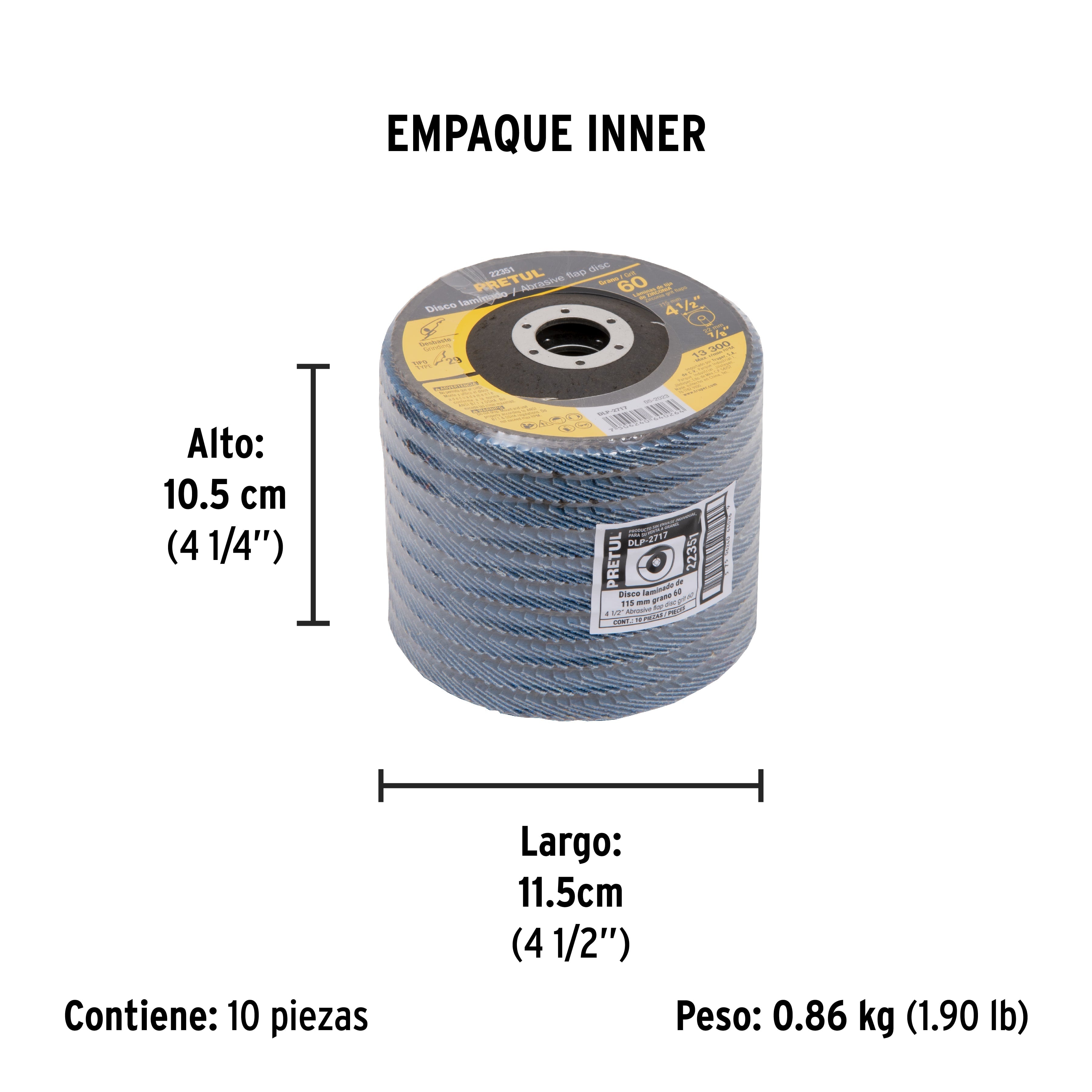 Disco laminado 4-1/2", grano 60 centro 7/8", fibra, PRETUL - Empaque