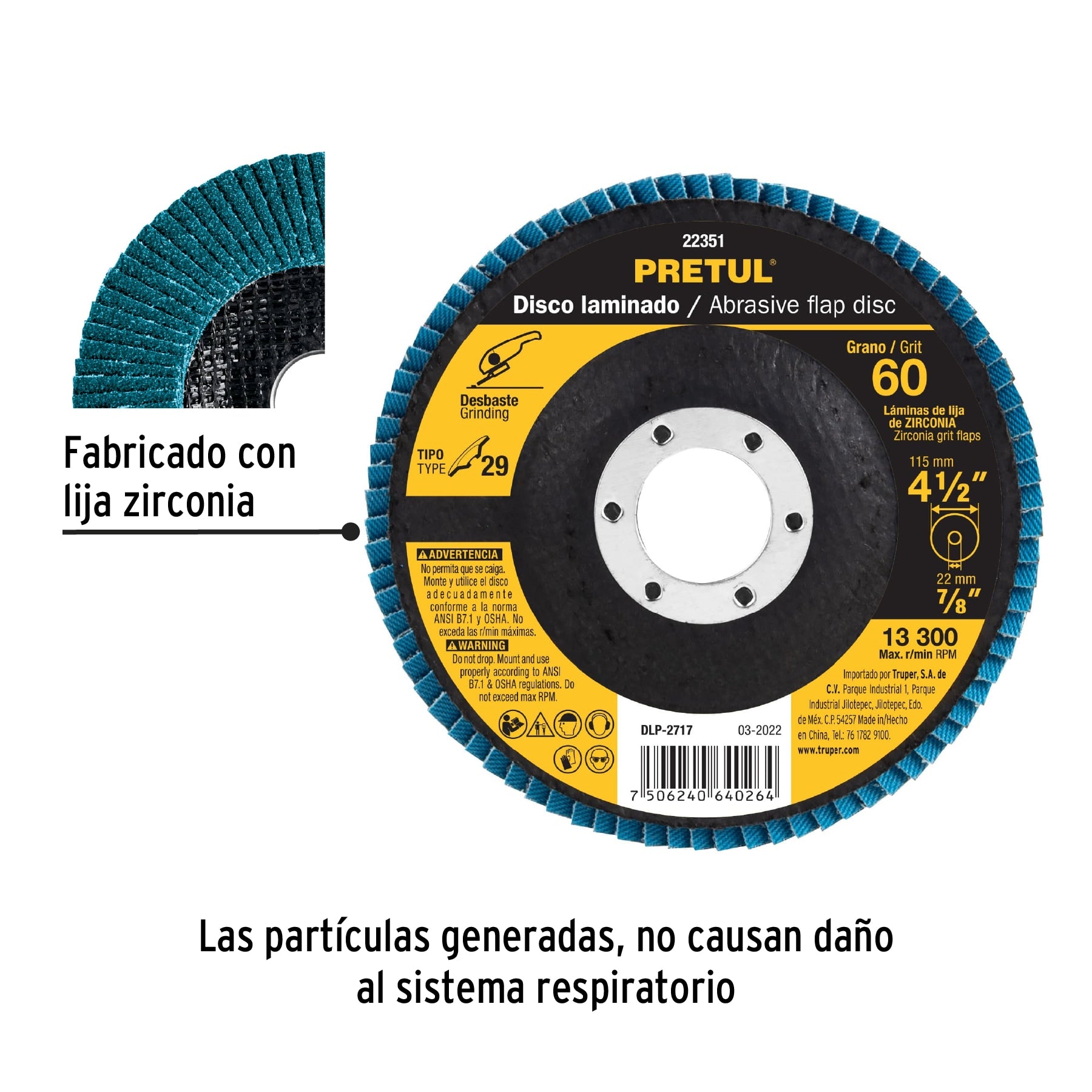 Disco laminado 4-1/2", grano 60 centro 7/8", fibra, PRETUL