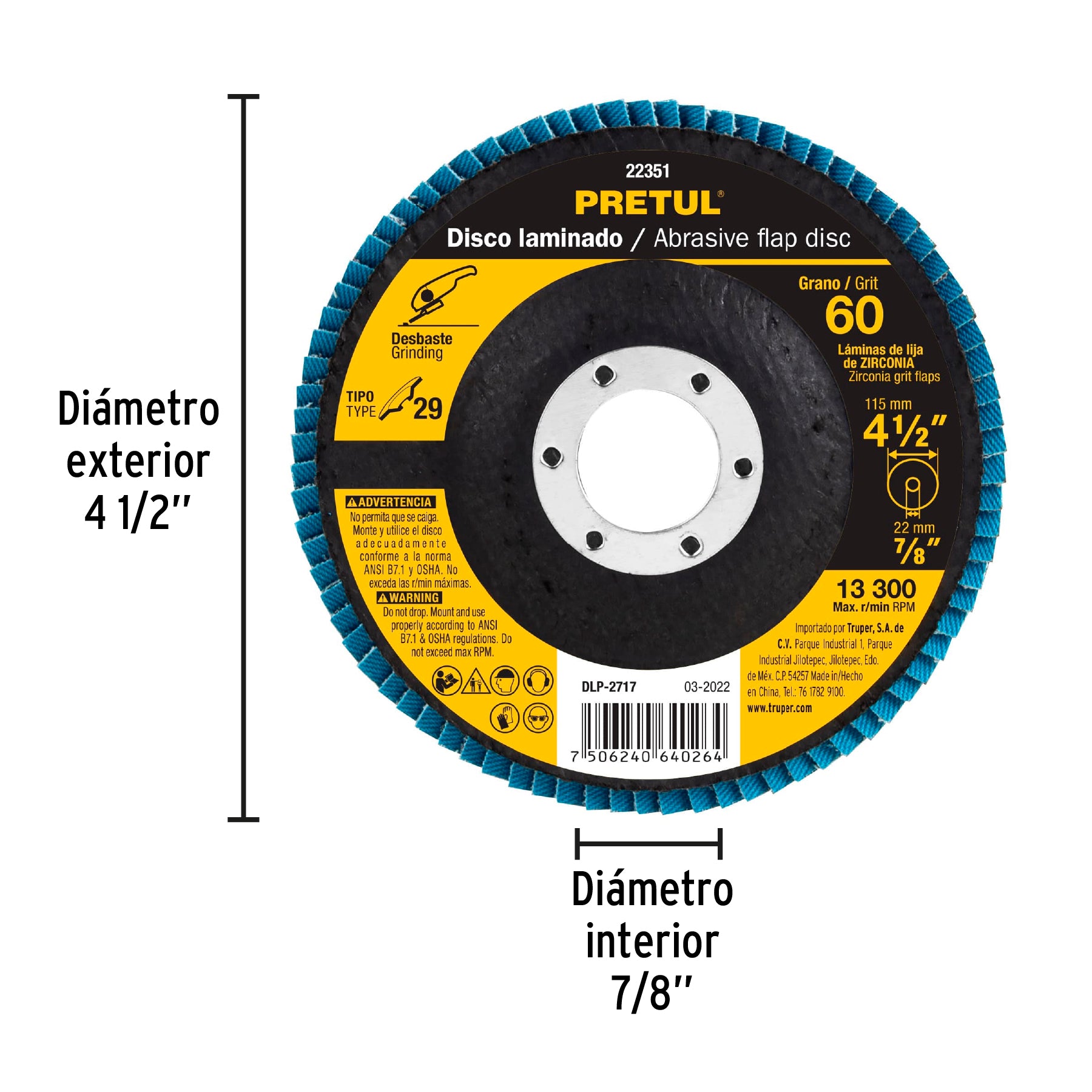 Disco laminado 4-1/2", grano 60 centro 7/8", fibra, PRETUL