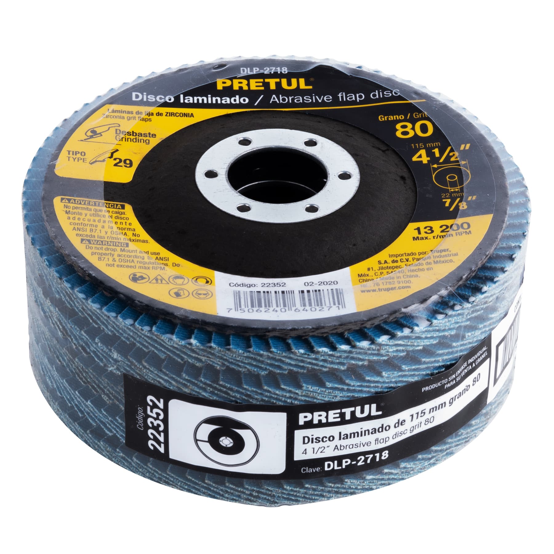 Disco laminado 4-1/2", grano 80 centro 7/8", fibra, PRETUL
