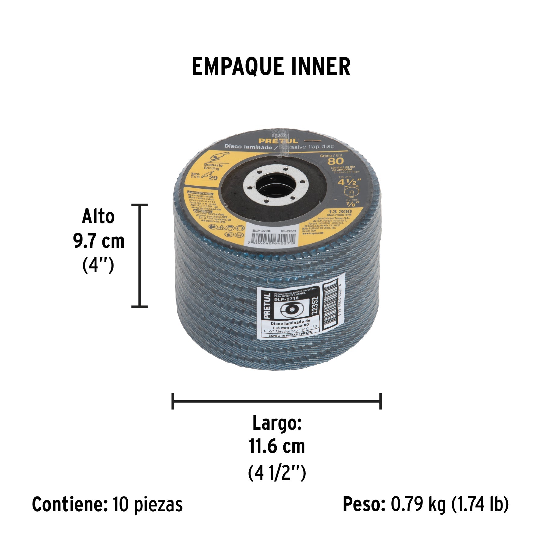 Disco laminado 4-1/2", grano 80 centro 7/8", fibra, PRETUL - Empaque