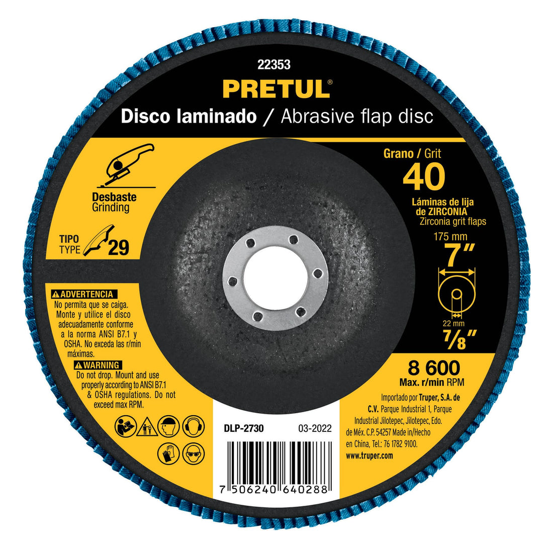 Disco laminado 7", grano 40 centro 7/8", fibra, PRETUL