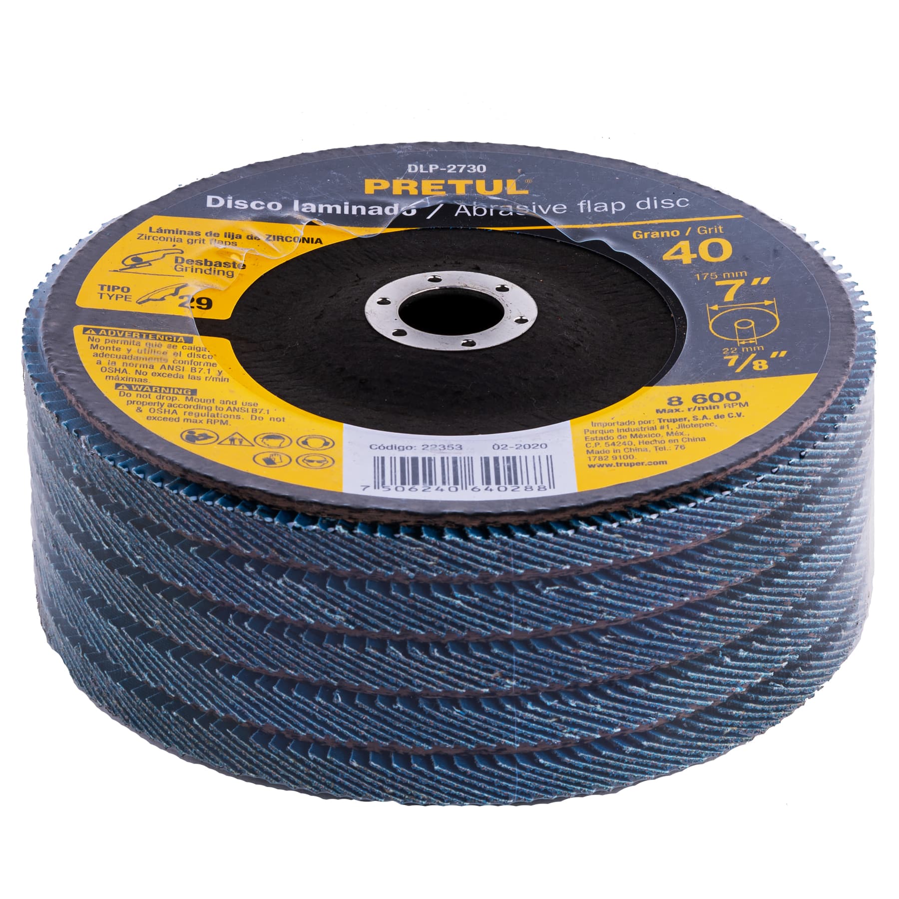 Disco laminado 7", grano 40 centro 7/8", fibra, PRETUL