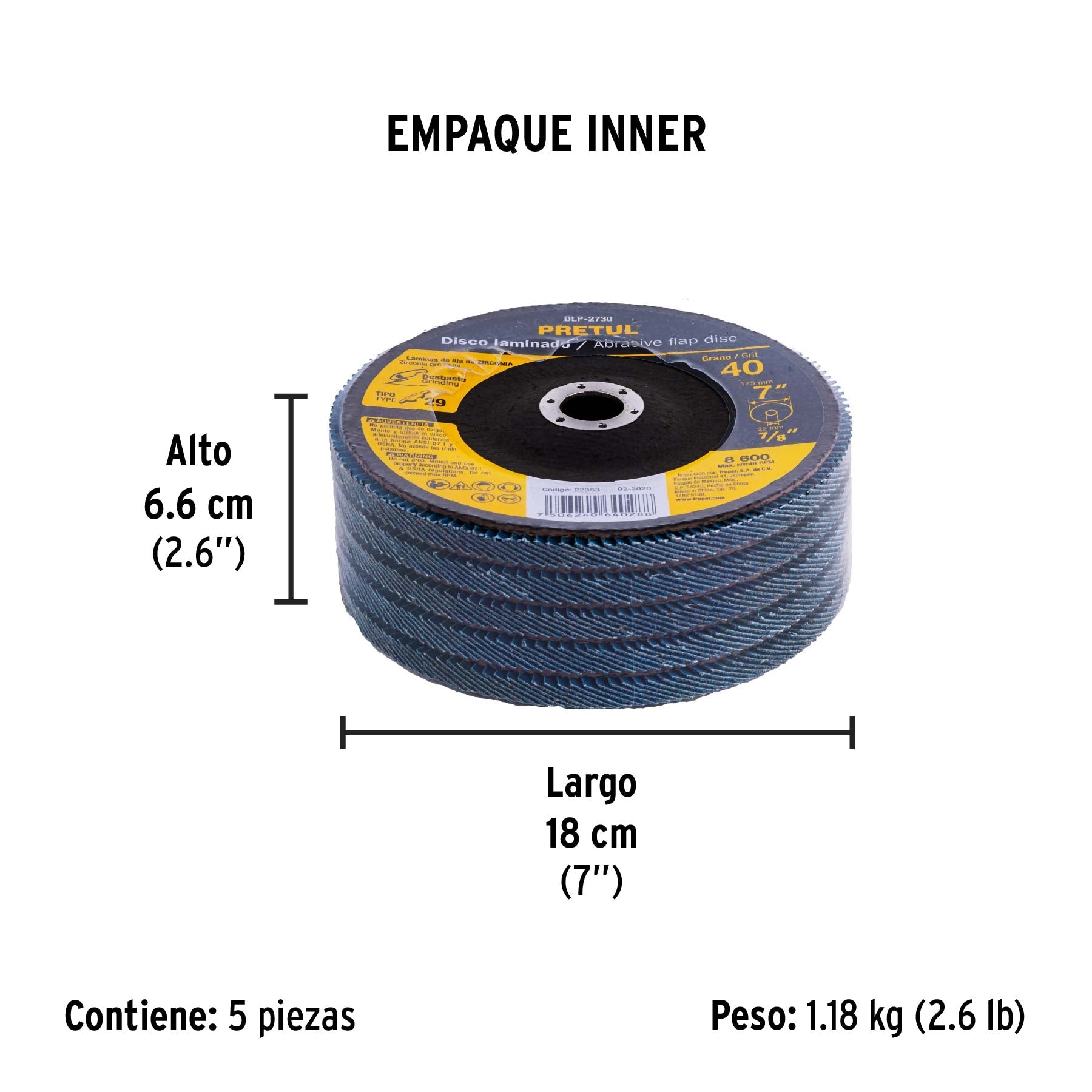 Disco laminado 7", grano 40 centro 7/8", fibra, PRETUL - Empaque
