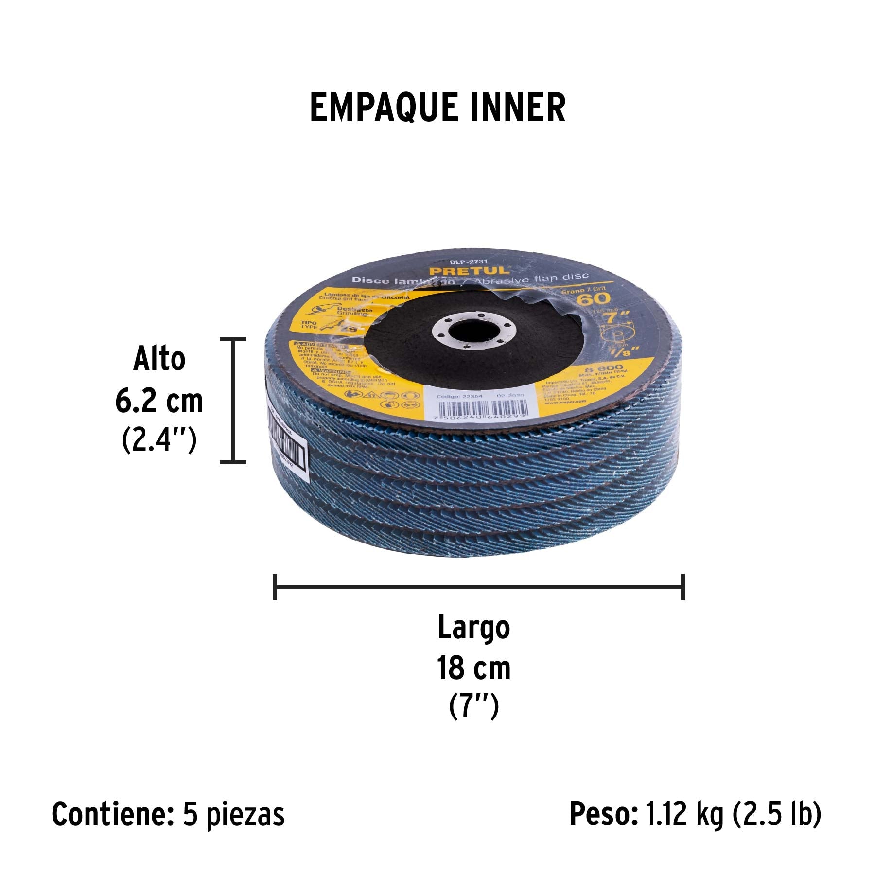Disco laminado 7", grano 60 centro 7/8", fibra, PRETUL - Empaque