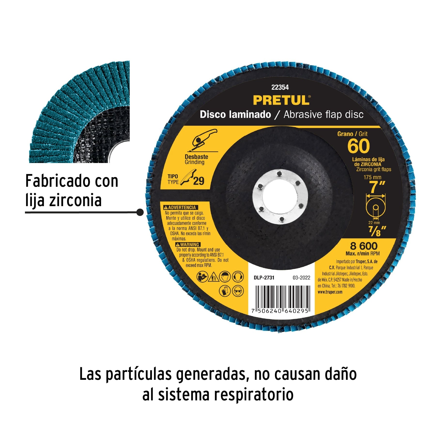 Disco laminado 7", grano 60 centro 7/8", fibra, PRETUL