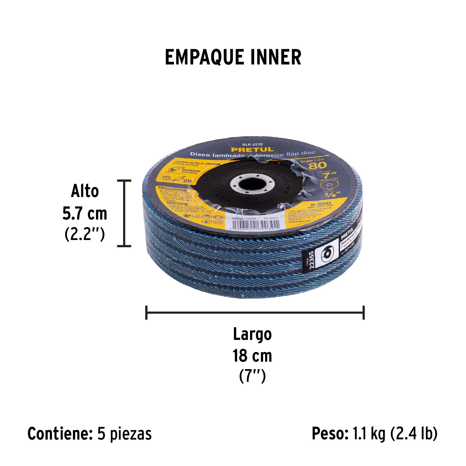 Disco laminado 7", grano 80 centro 7/8", fibra, PRETUL - Empaque