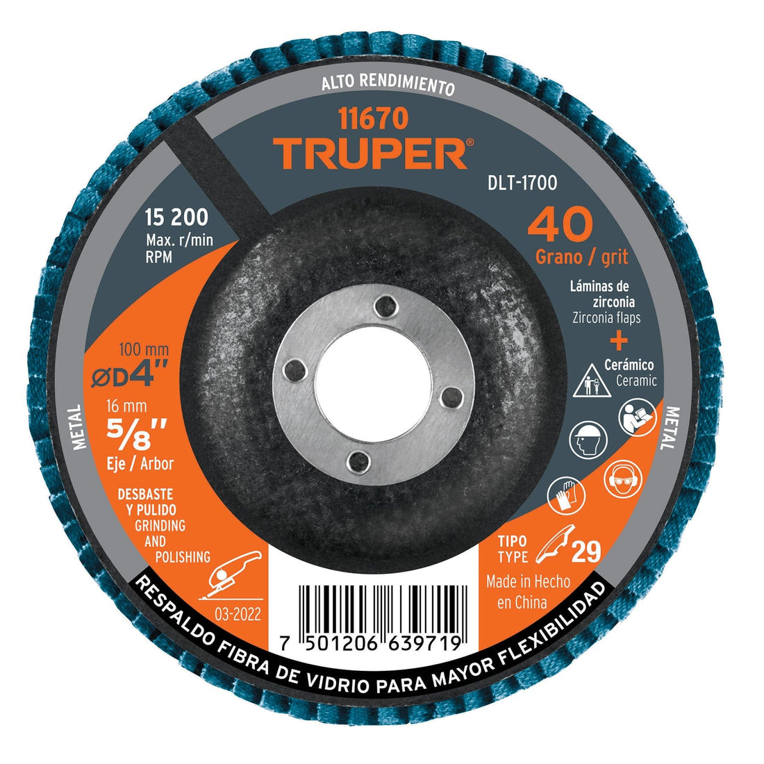 Disco laminado 4", grano 40 centro 5/8", fibra, TRUPER