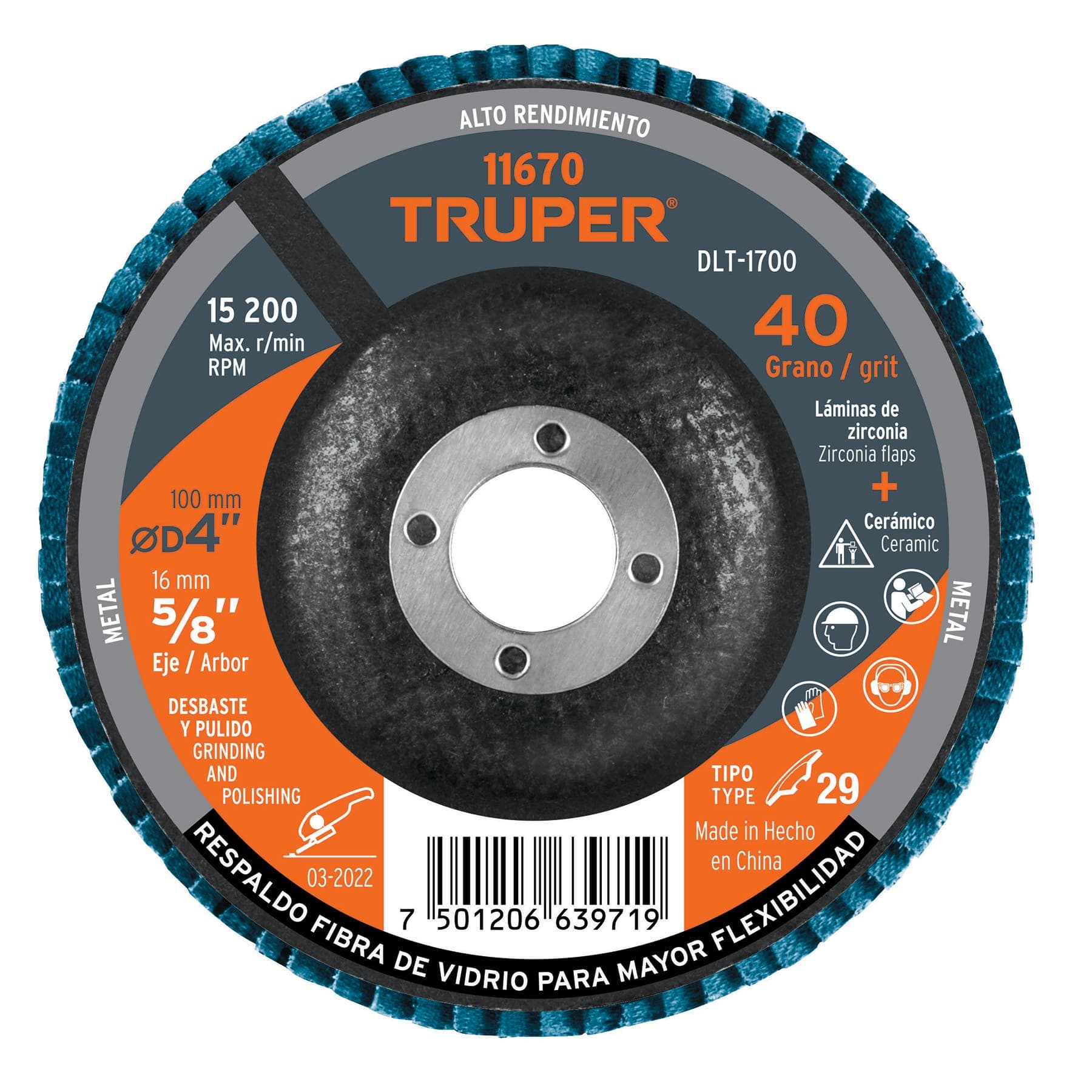 Disco laminado 4", grano 40 centro 5/8", fibra, TRUPER