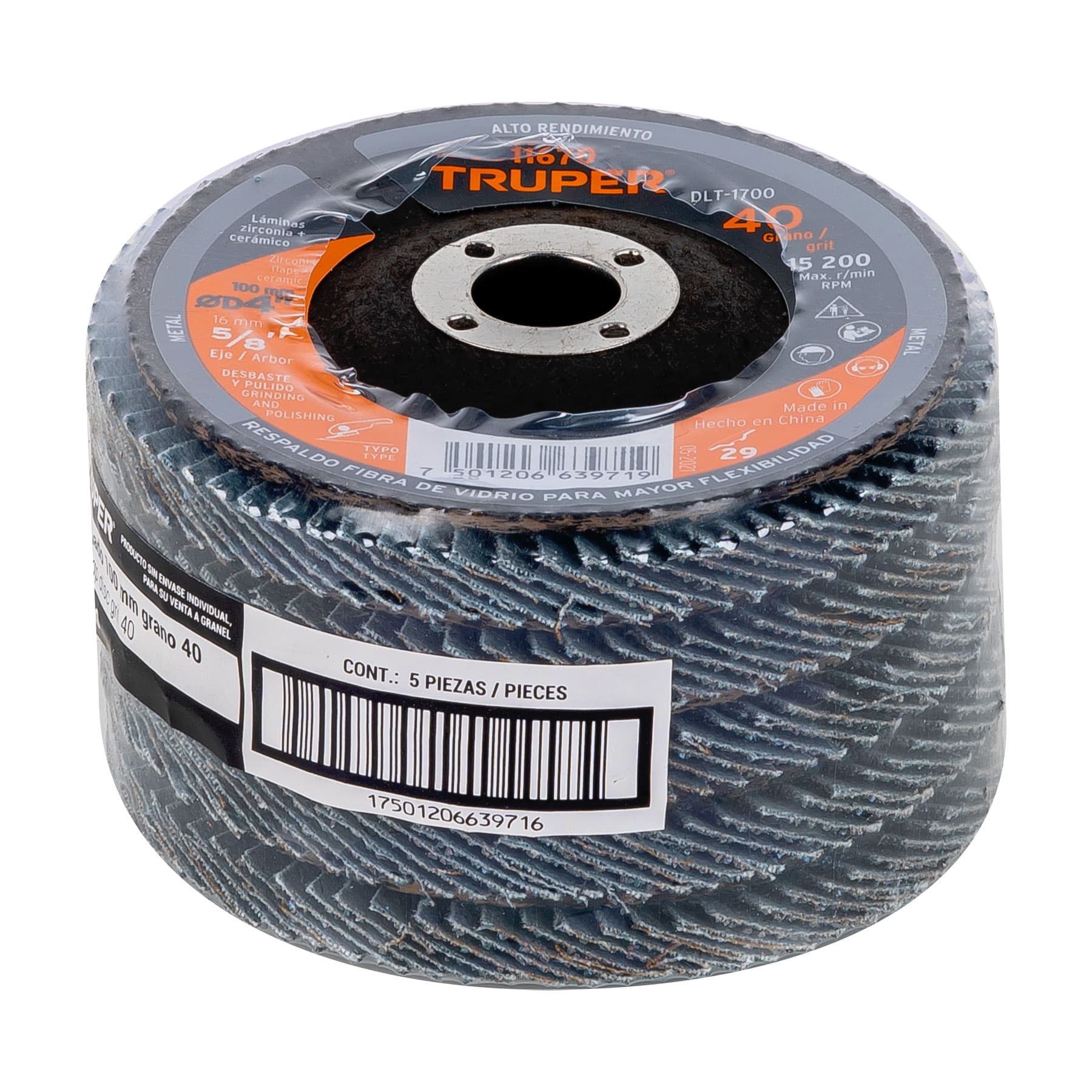 Disco laminado 4", grano 40 centro 5/8", fibra, TRUPER