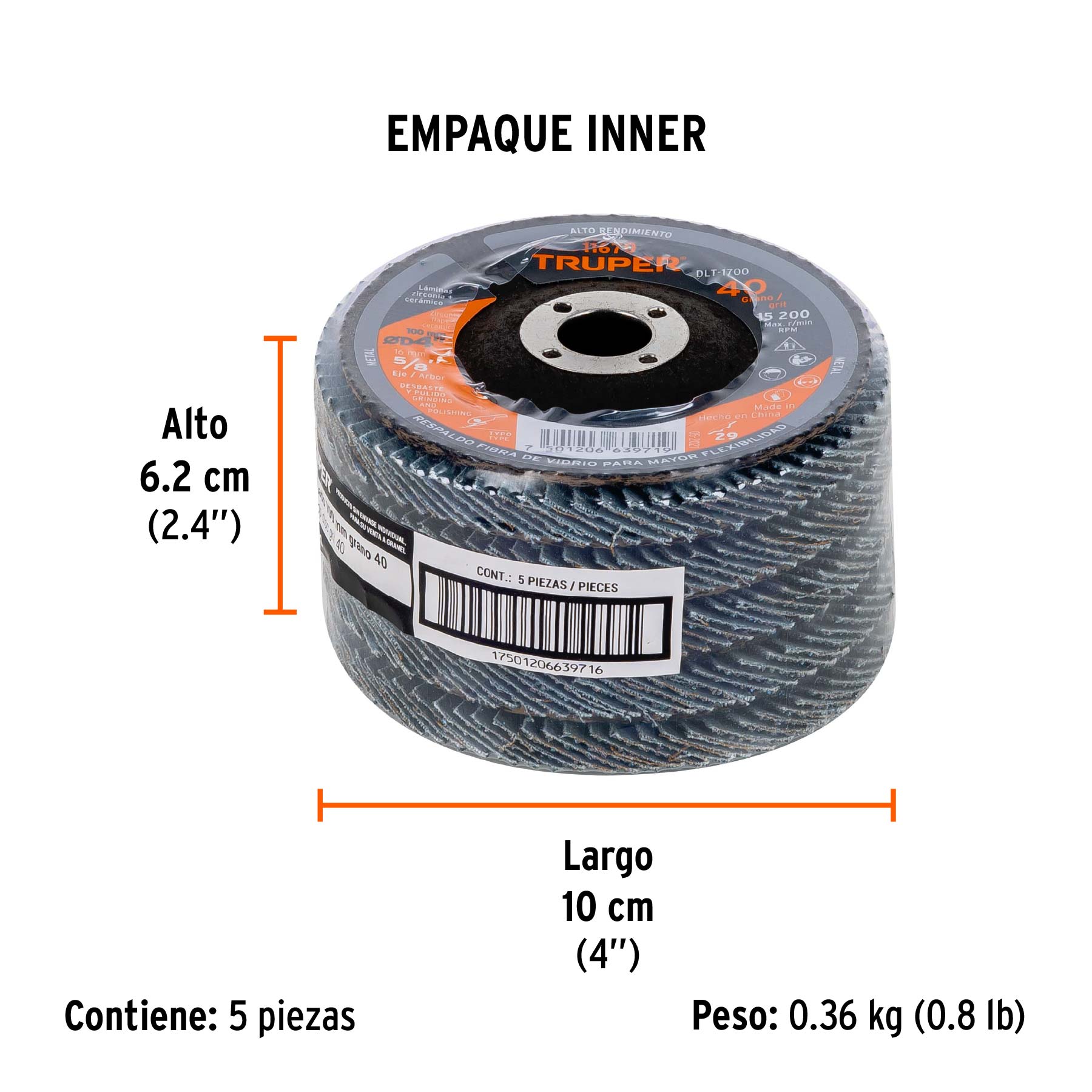 Disco laminado 4", grano 40 centro 5/8", fibra, TRUPER - Empaque
