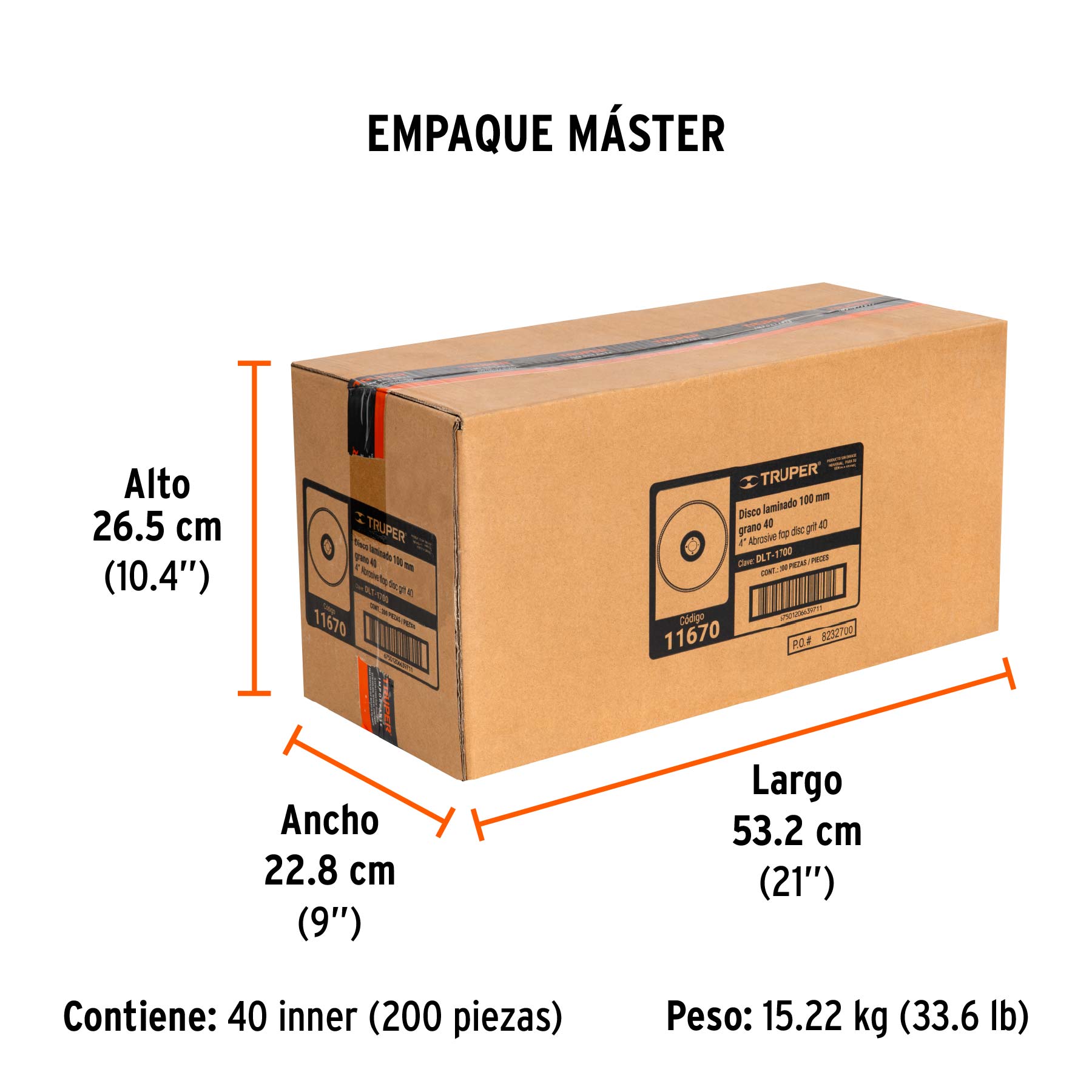 Disco laminado 4", grano 40 centro 5/8", fibra, TRUPER - Empaque