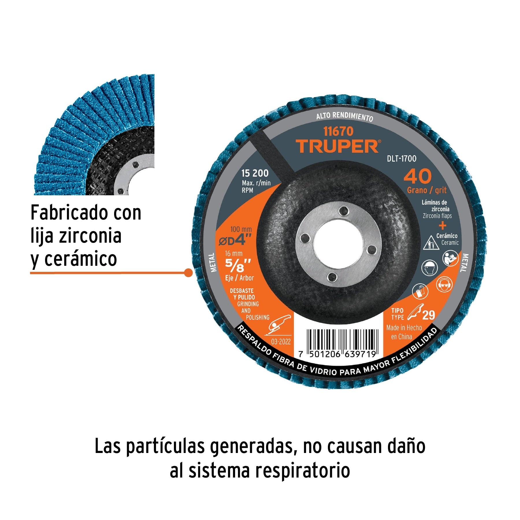 Disco laminado 4", grano 40 centro 5/8", fibra, TRUPER