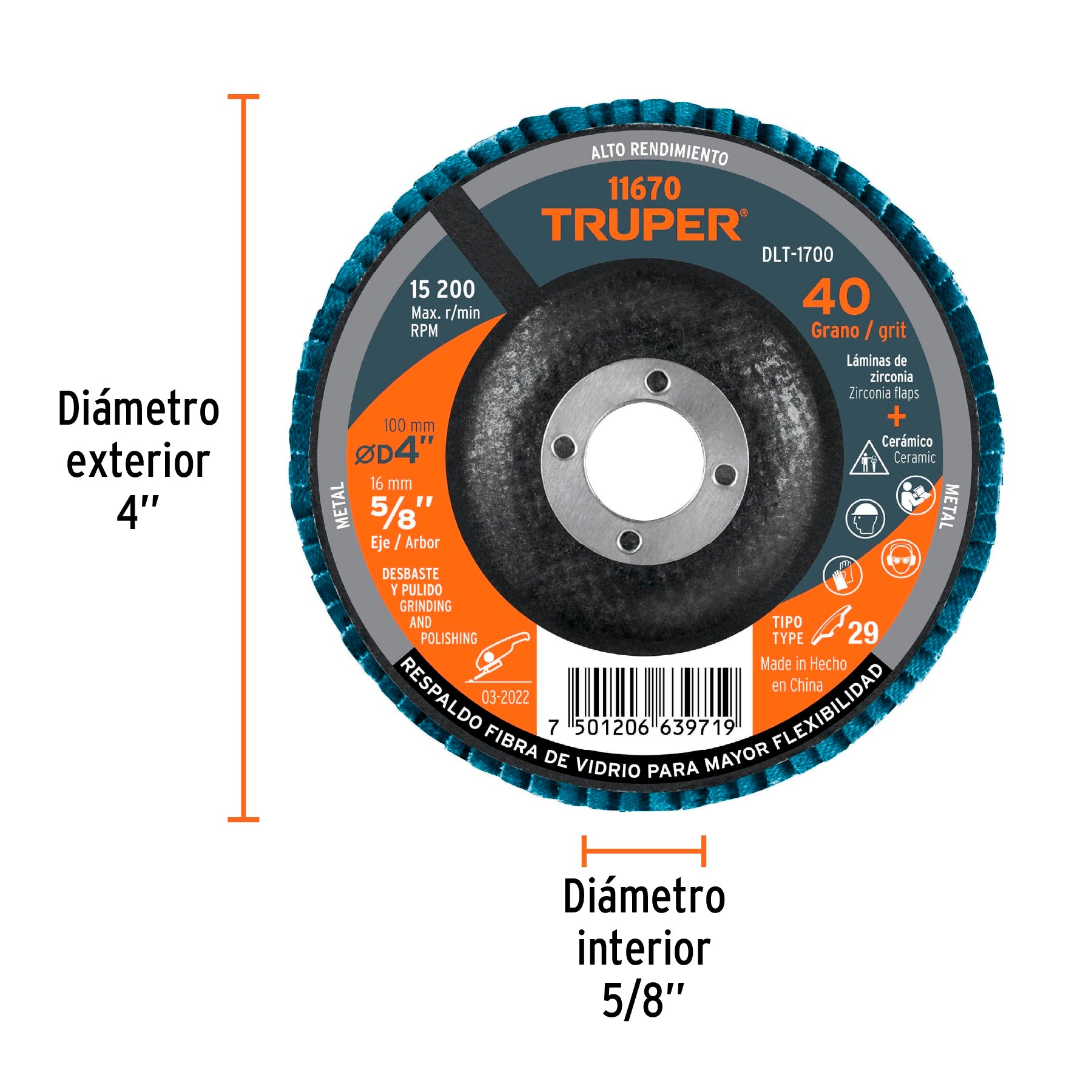 Disco laminado 4", grano 40 centro 5/8", fibra, TRUPER