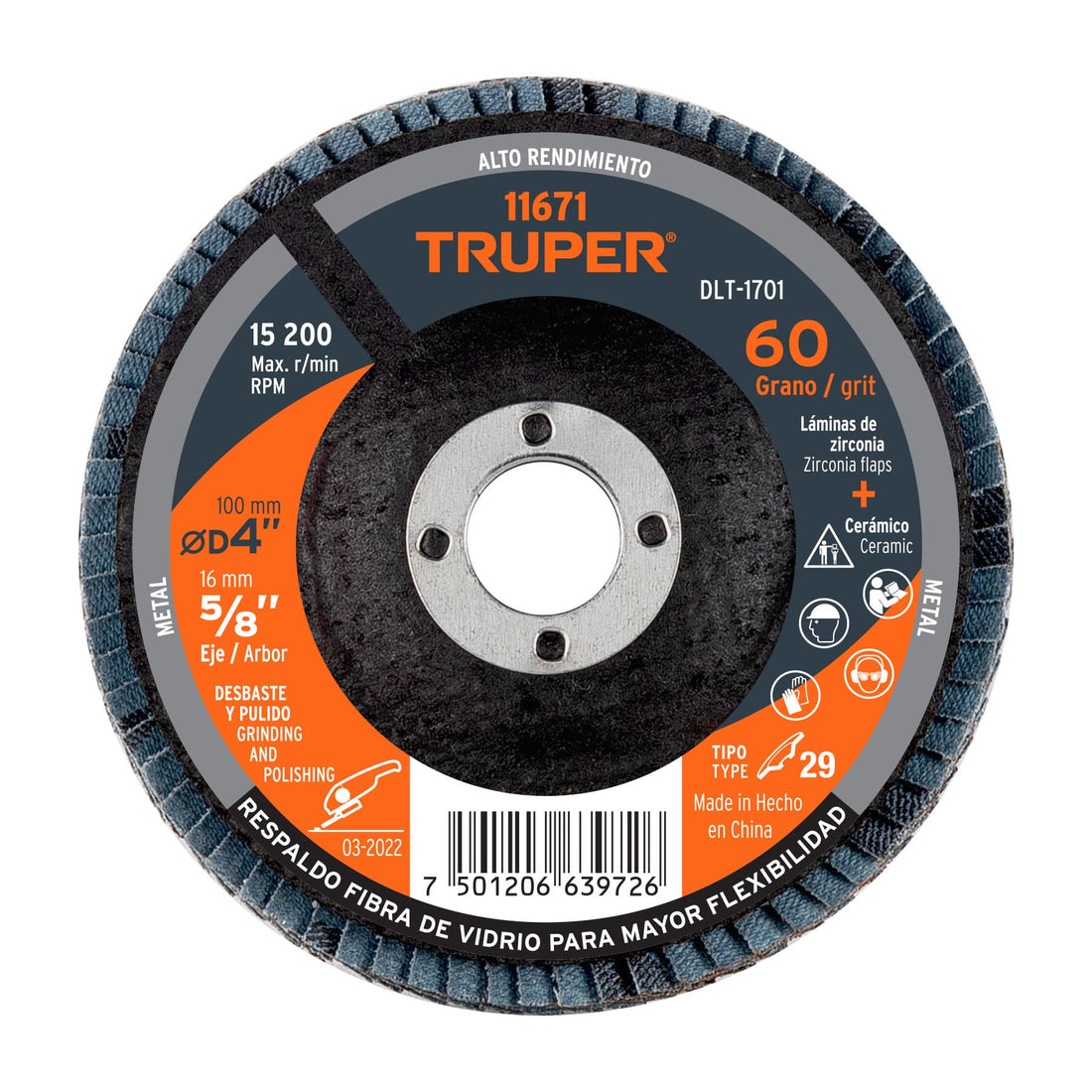 Disco laminado 4", grano 60 centro 5/8", fibra, TRUPER