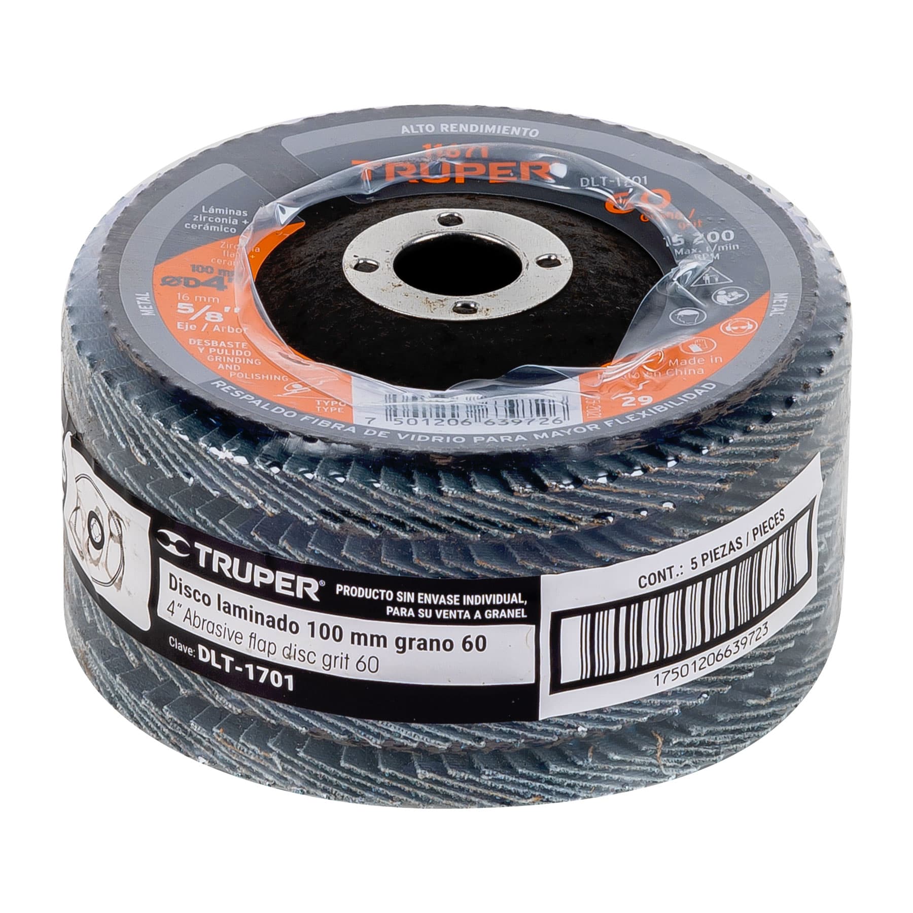 Disco laminado 4", grano 60 centro 5/8", fibra, TRUPER