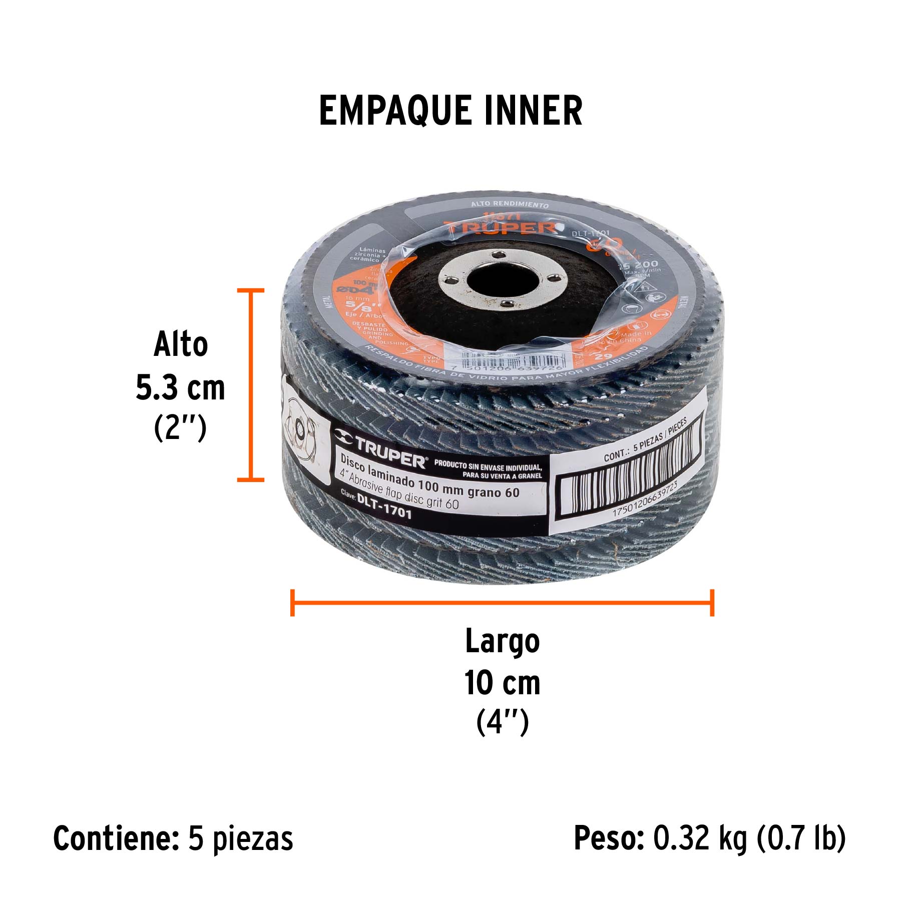 Disco laminado 4", grano 60 centro 5/8", fibra, TRUPER - Empaque