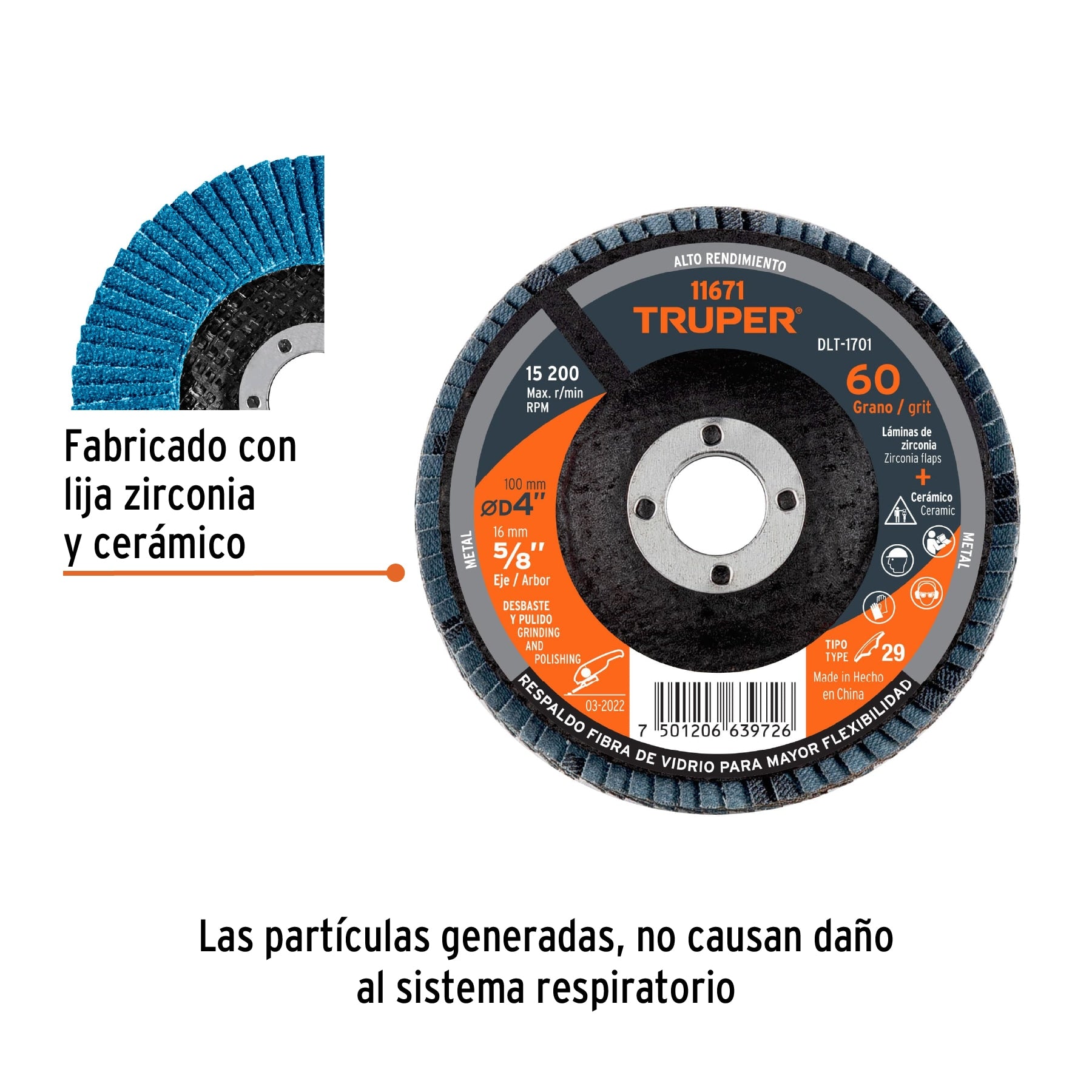 Disco laminado 4", grano 60 centro 5/8", fibra, TRUPER