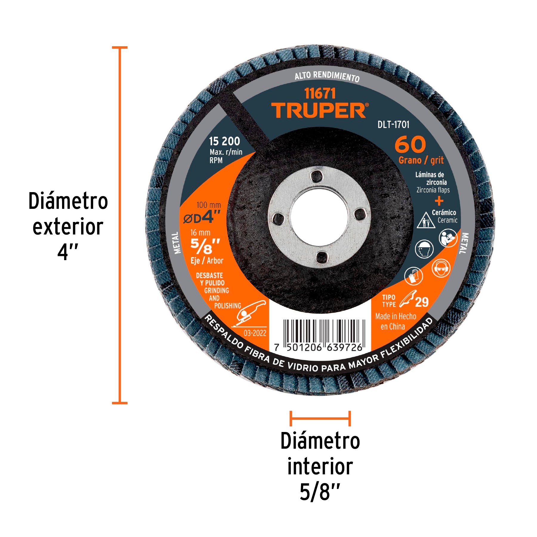 Disco laminado 4", grano 60 centro 5/8", fibra, TRUPER