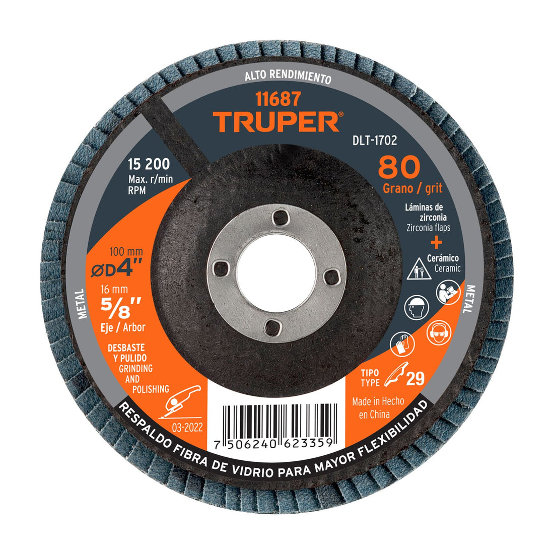 Disco laminado 4", grano 80 centro 5/8", fibra, TRUPER