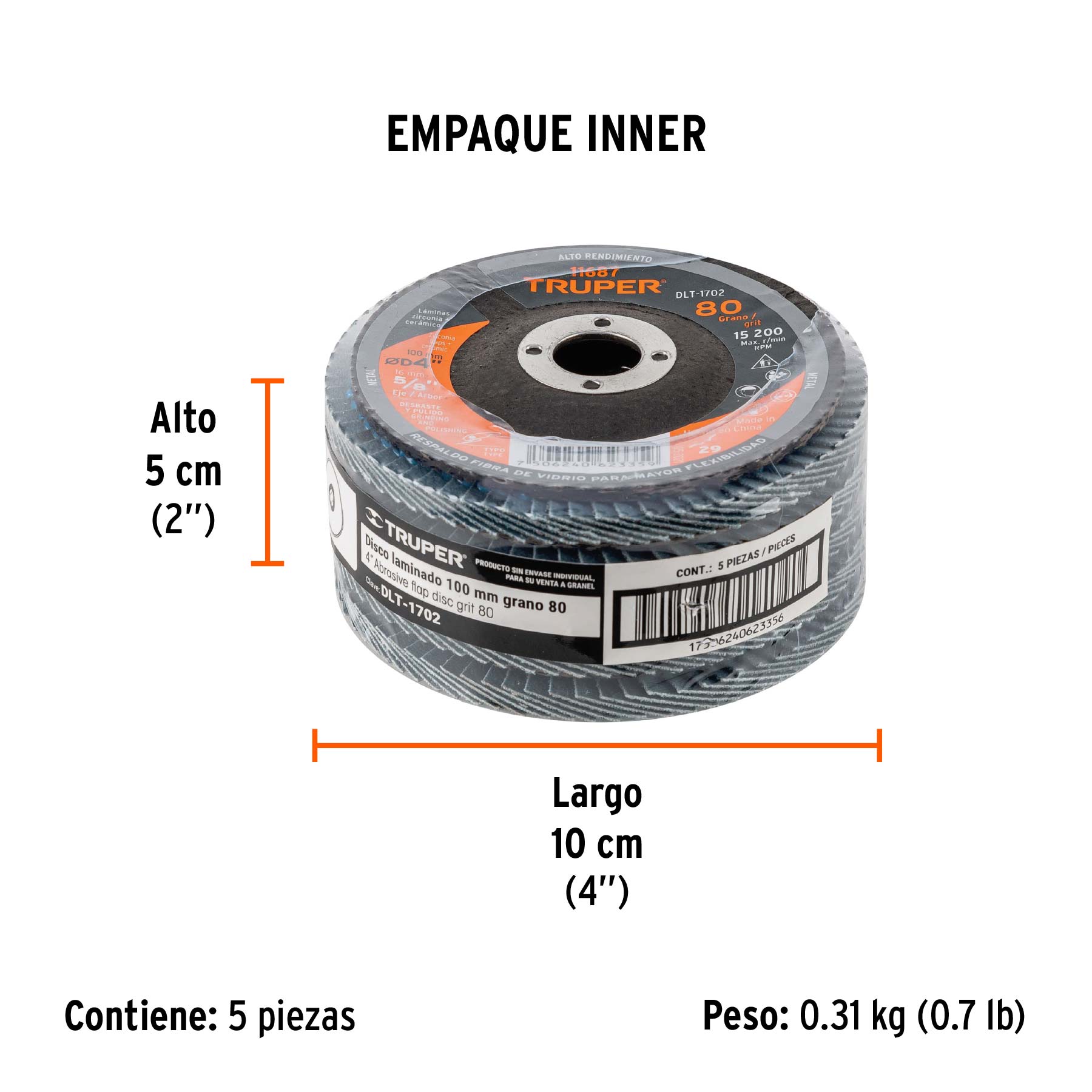 Disco laminado 4", grano 80 centro 5/8", fibra, TRUPER - Empaque