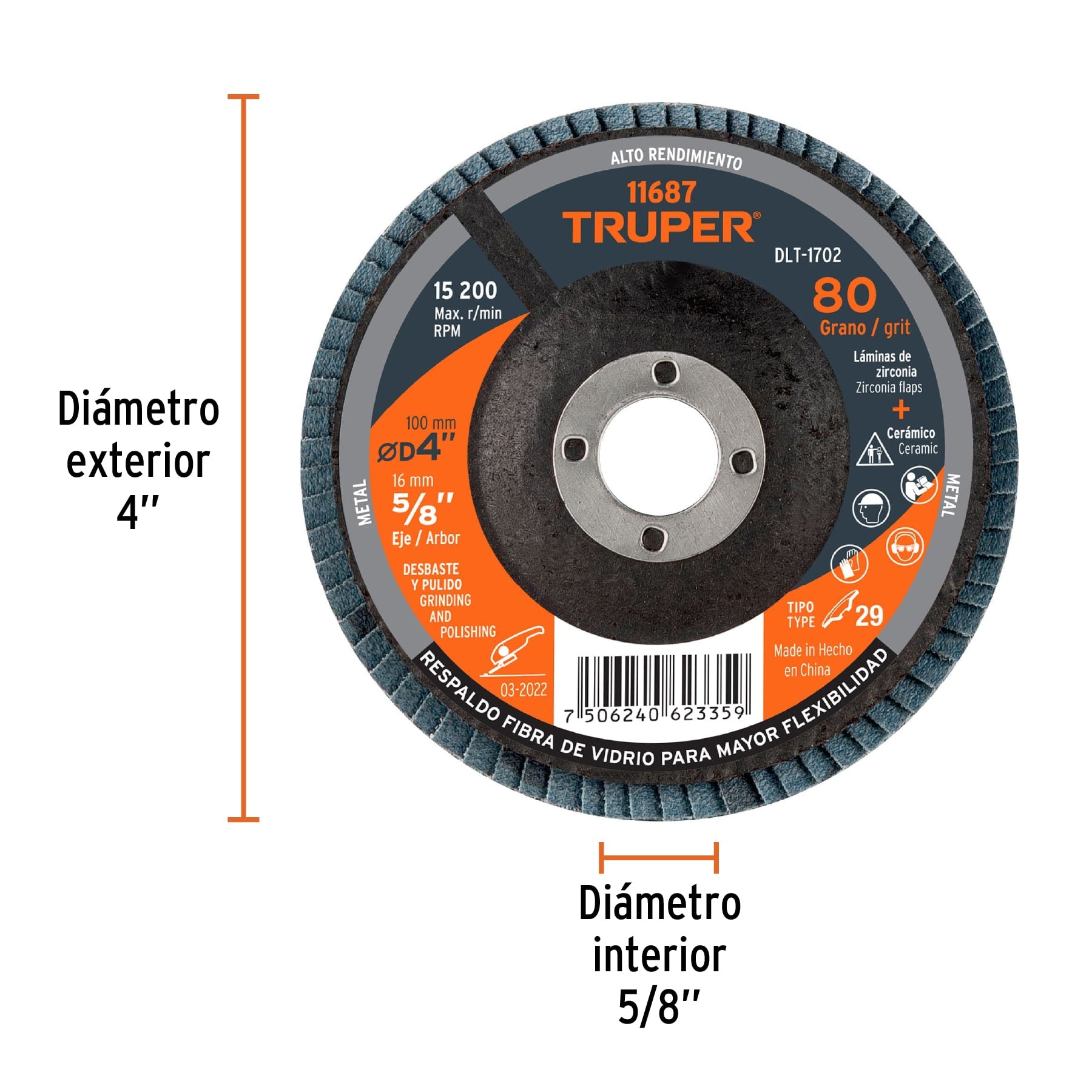 Disco laminado 4", grano 80 centro 5/8", fibra, TRUPER