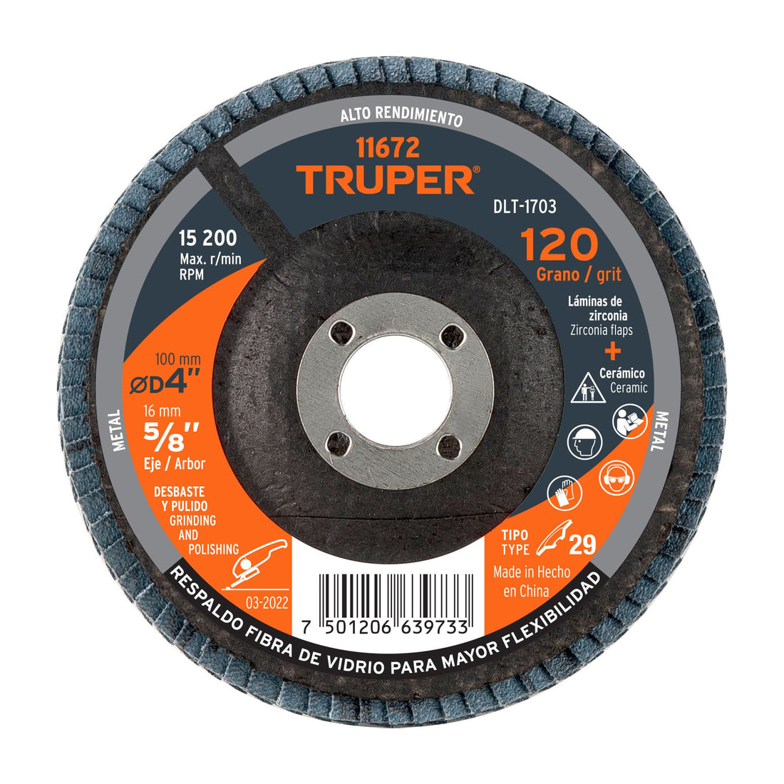 Disco laminado 4", grano 120 centro 5/8", fibra, TRUPER