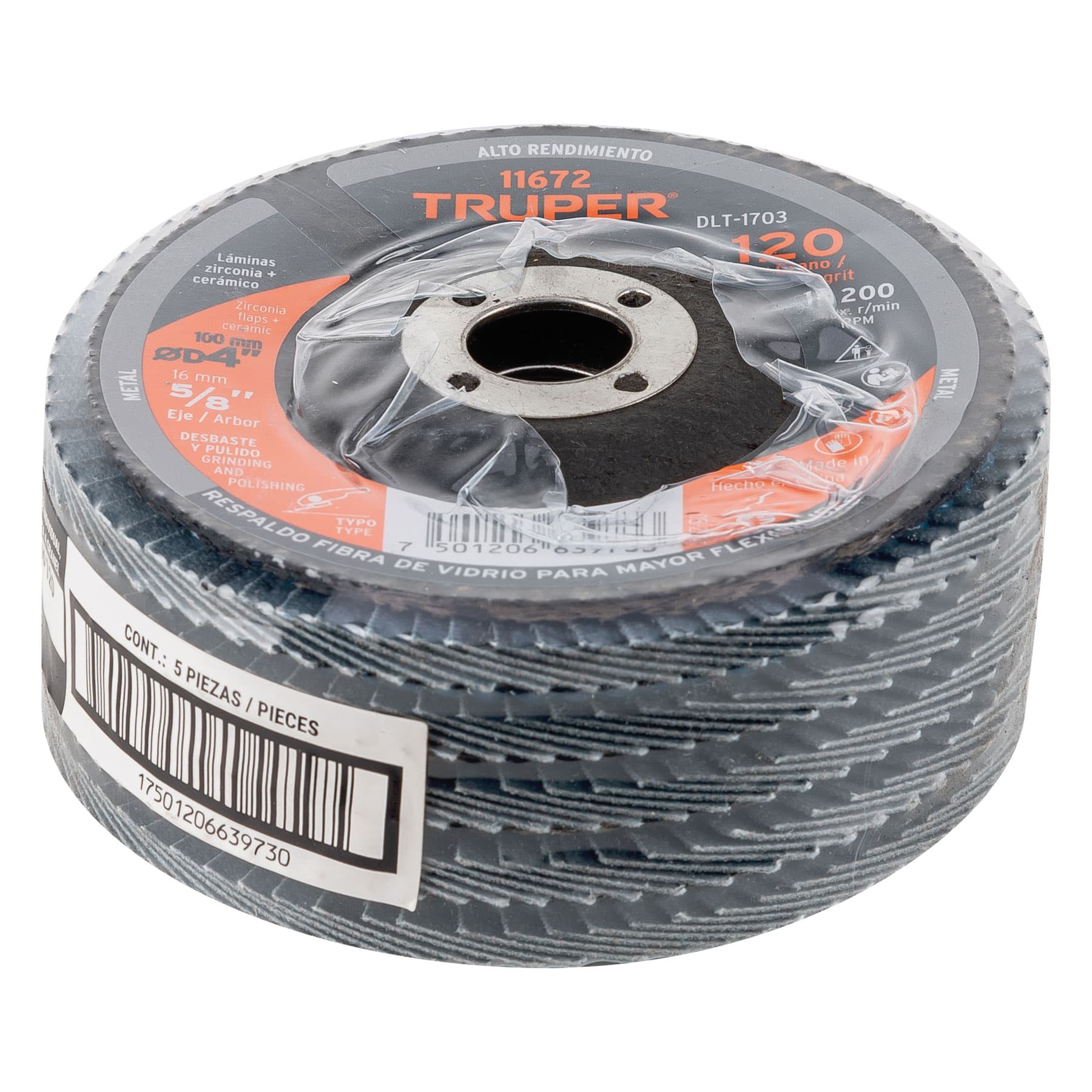 Disco laminado 4", grano 120 centro 5/8", fibra, TRUPER