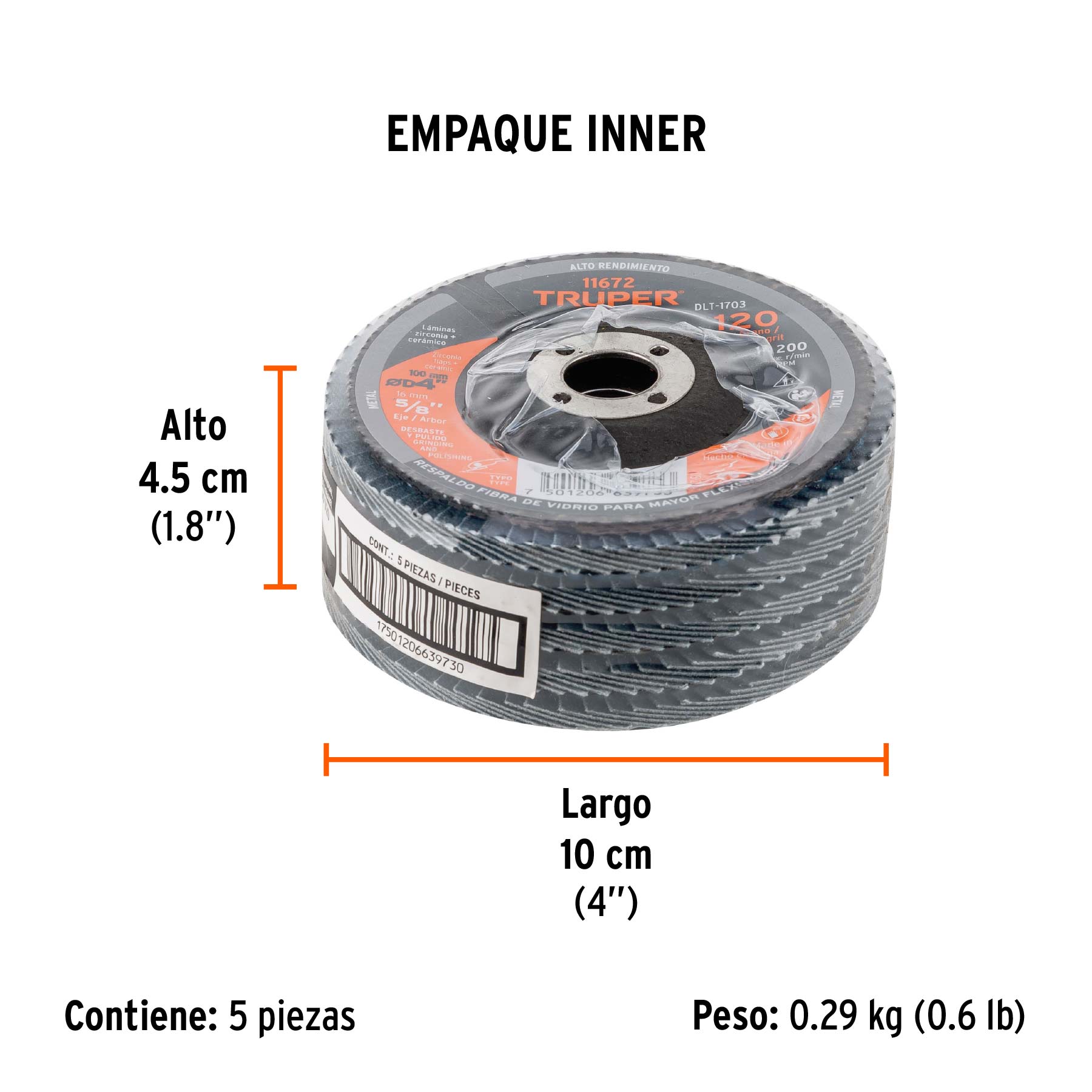 Disco laminado 4", grano 120 centro 5/8", fibra, TRUPER - Empaque