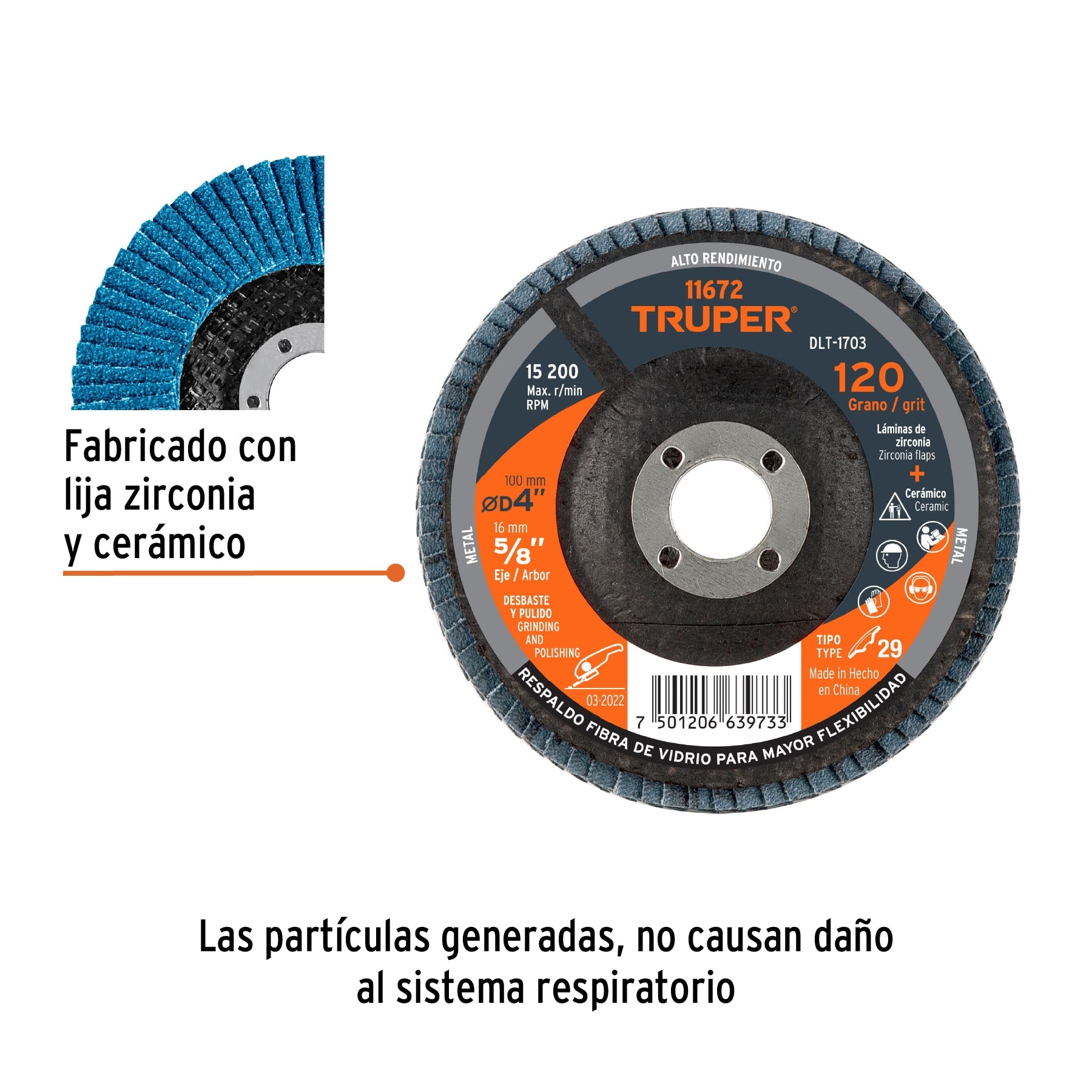 Disco laminado 4", grano 120 centro 5/8", fibra, TRUPER