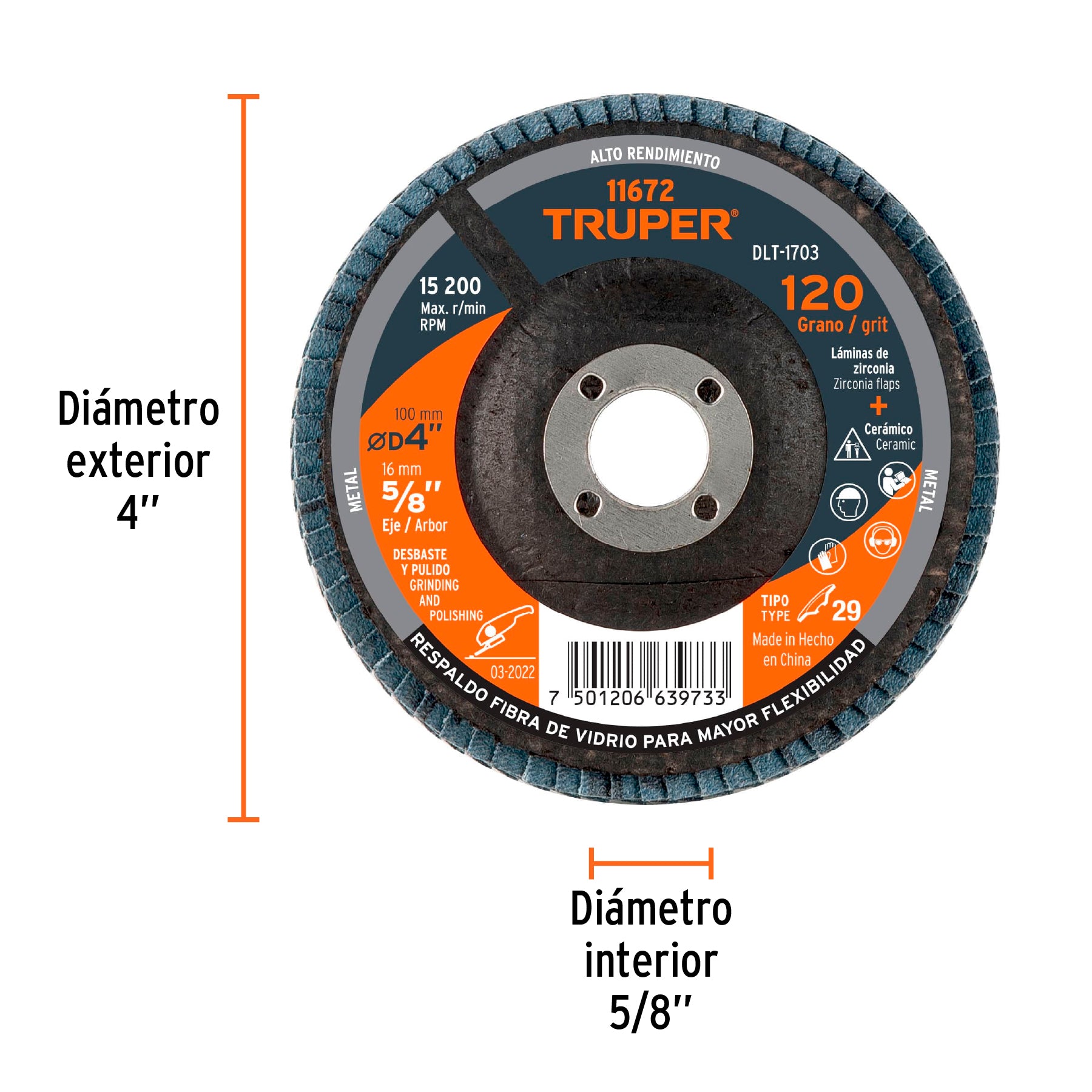 Disco laminado 4", grano 120 centro 5/8", fibra, TRUPER