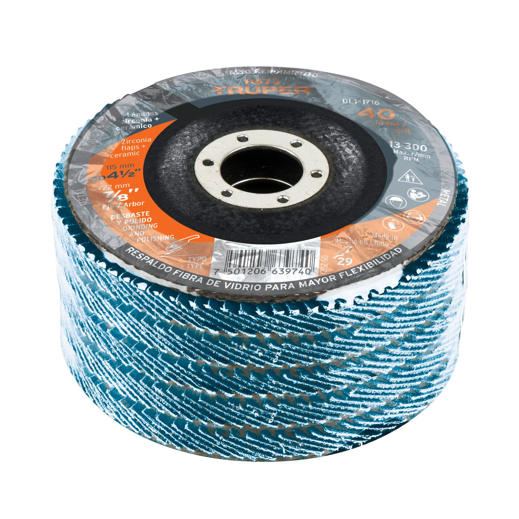 Disco laminado 4-1/2", grano 40 centro 7/8", fibra, TRUPER