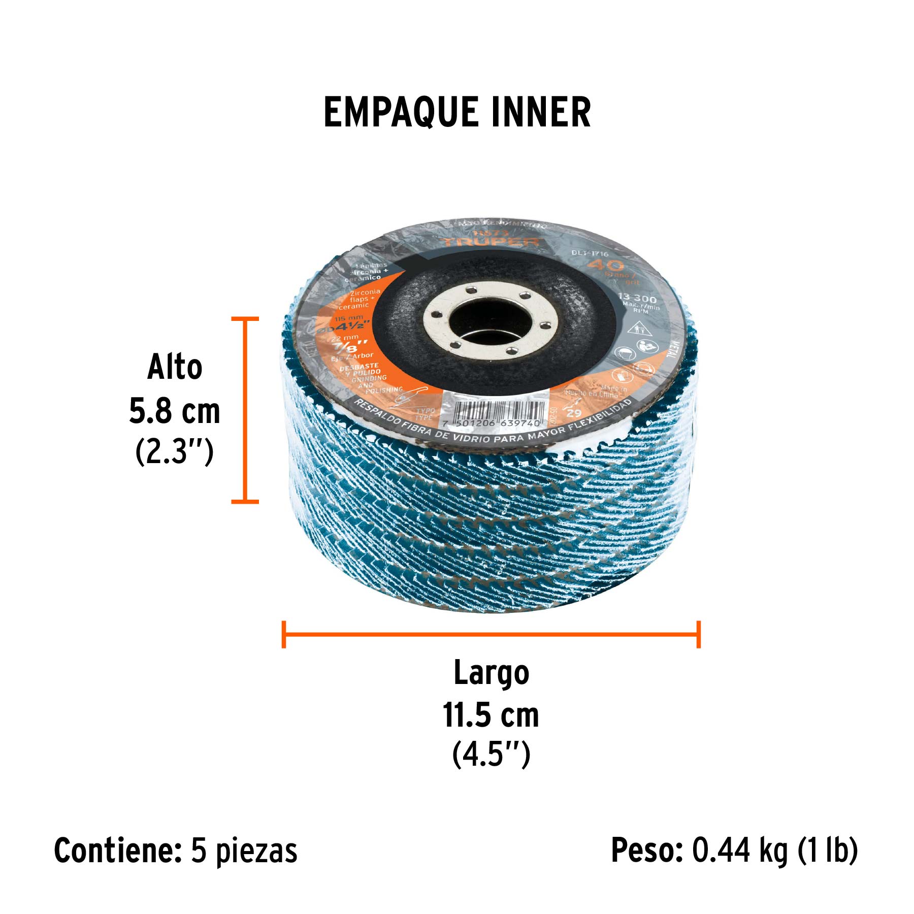 Disco laminado 4-1/2", grano 40 centro 7/8", fibra, TRUPER - Empaque